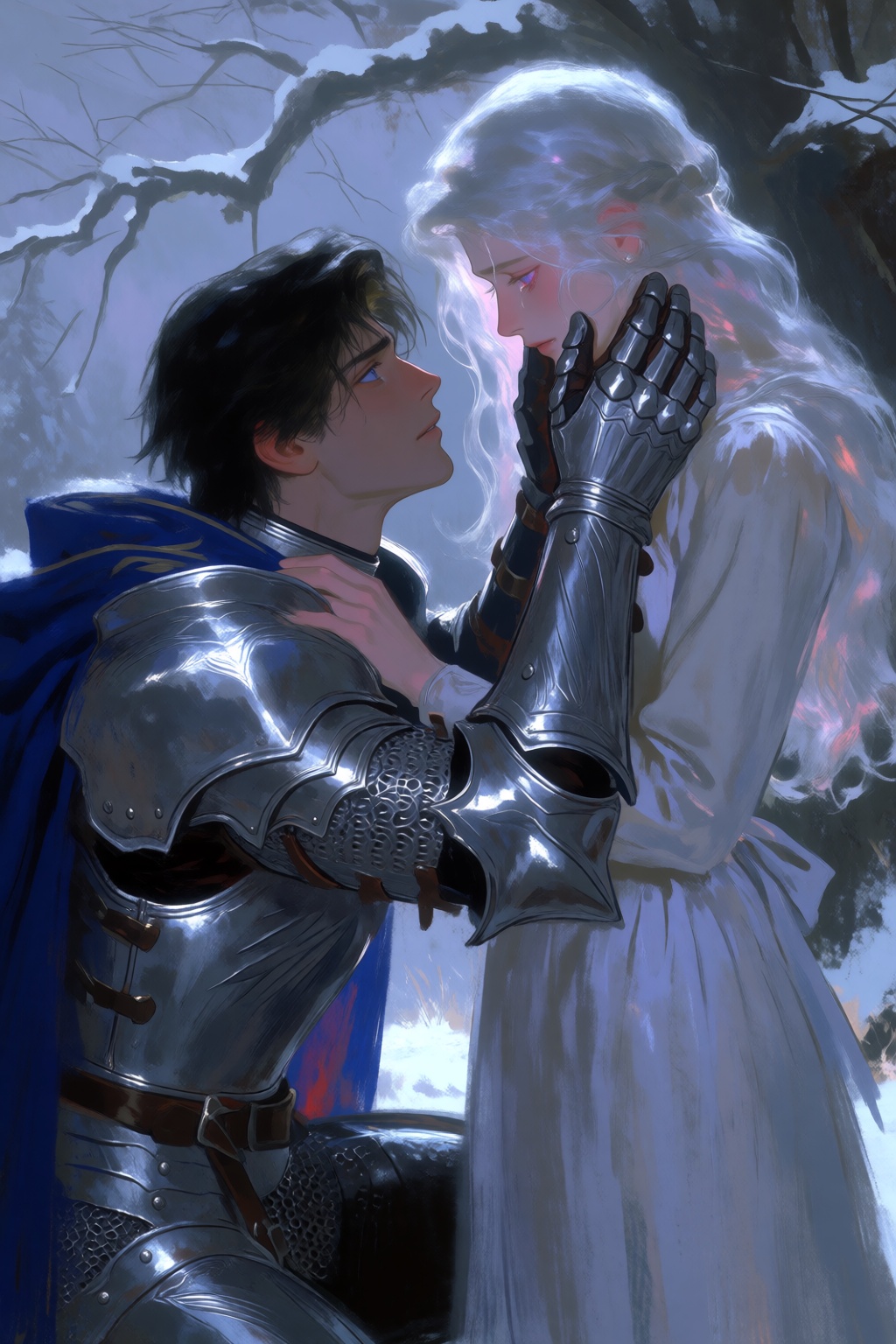 An eye-level medium shot with a cool,  frosty tone depicting a dark-haired man with blue eyes in silver plate armor kneeli...