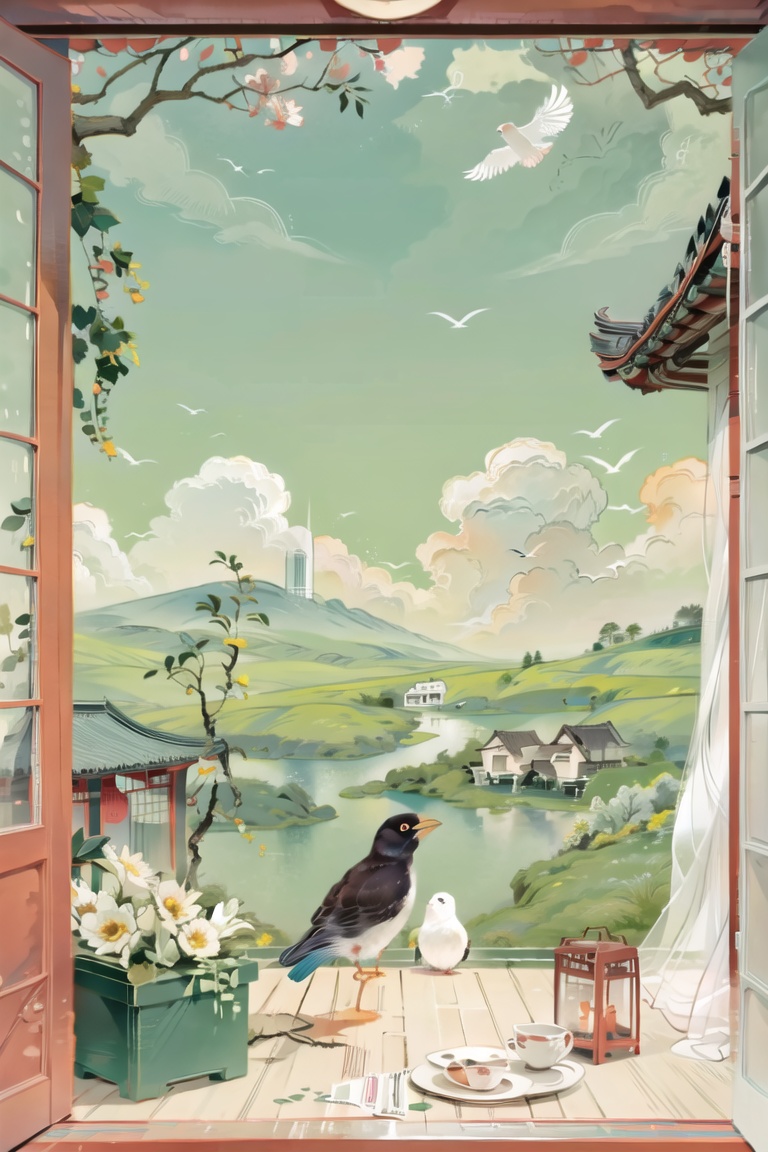 illustration,meticulous painting,bird,tree,east asian architecture,architecture,fruit,cloud,flower,food,outdoors,branch,scenery,sky,building,solo,no humans,