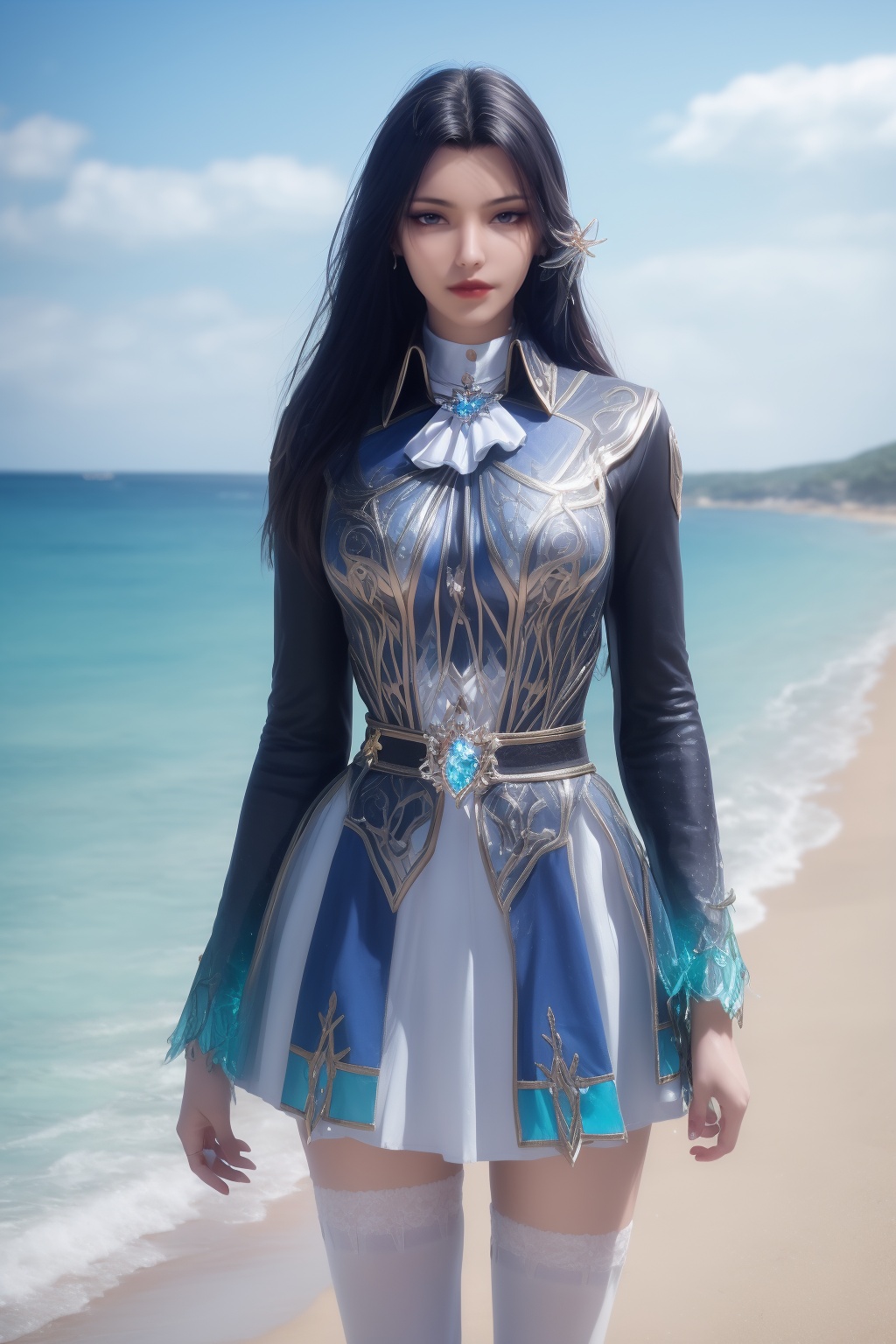 photo_\(medium\),(8k, RAW photo, best_quality),(masterpiece:1.2),(realistic:1.2),(photorealistic:1.3),(ultra-detailed),(extremely_detailed_cg_8k_wallpaper),(crystal_texture_skin:1.3),(shiny:1.2),(shiny_skin:1.4),(extremely_delicate_and_beautiful),shenfengLingLuoChen,1girl,solo,dress,ascot,skirt,torogao,white thighhighs,long sleeves,uniform,zettai ryouiki,standing,jewelry,hair ornament,lips,realistic,looking at viewer,Summer,Beach,Sea,sunshine,<lora:shenfengLingLuoChen_20240512215006-000004:0.7>,