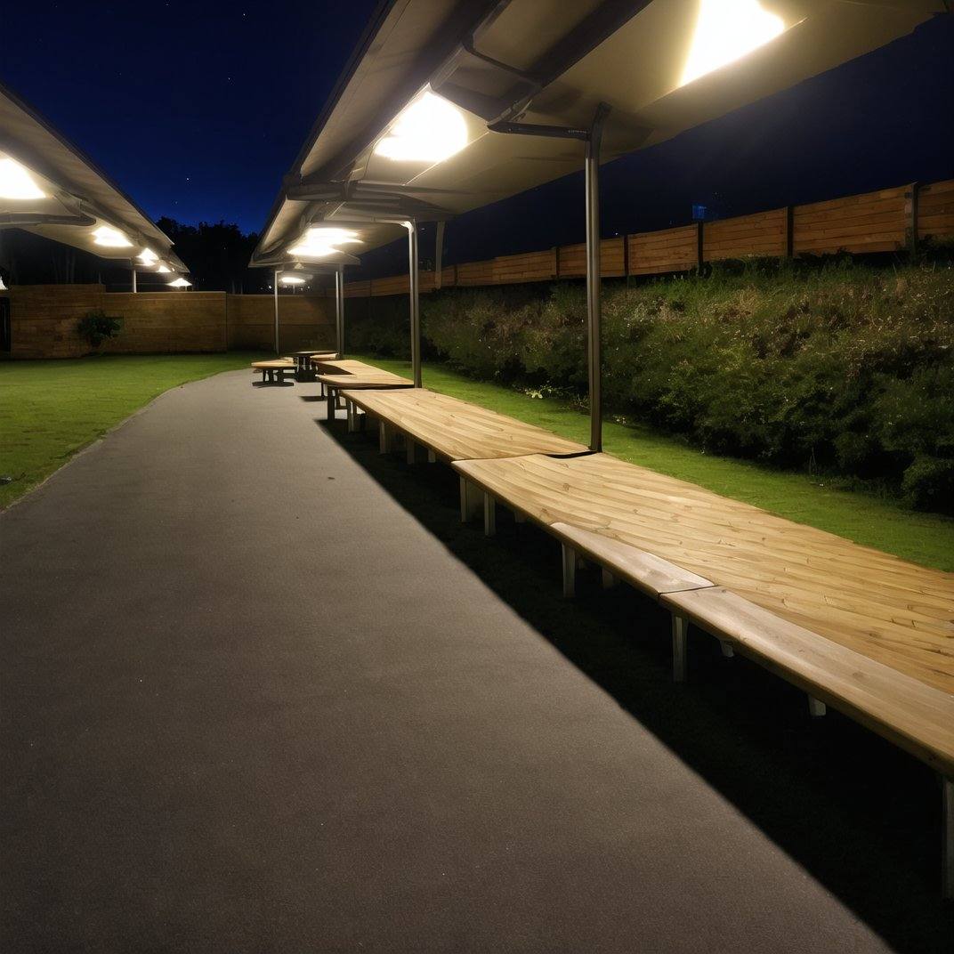 liminalspaces,  a large open area with benches and lights in it at night time,  with a skylight shining on the roof on Ten...