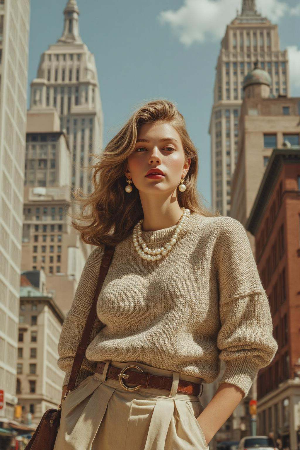 midjourney photograph.A young American woman is standing in an urban environment,  surrounded by tall buildings. She is we...