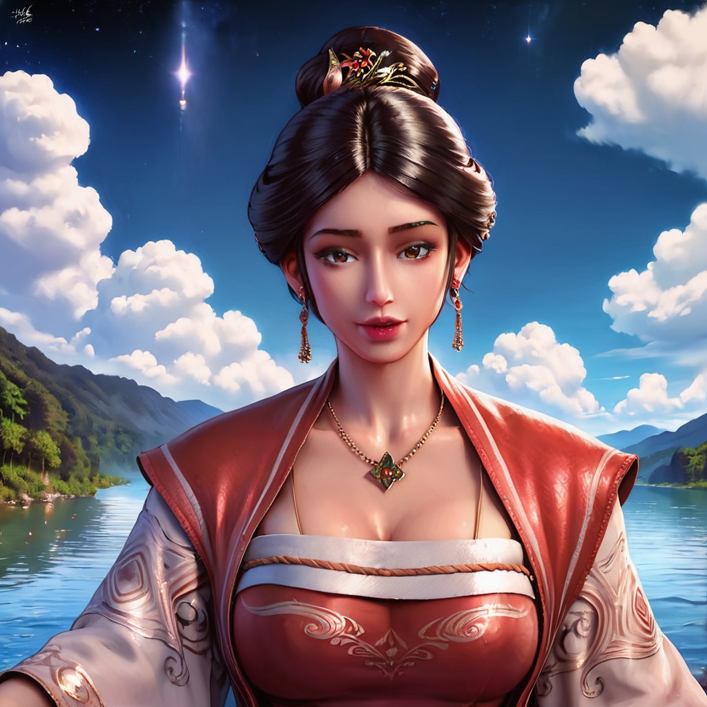 score_9, score_8_up, score_7_up,beautiful,pretty,intricate details,hyper-detailed,absurdres,wallpaper,incredibly absurdres,huge filesize,HDR,UHD,8K,best quality,masterpiece,Highly detailed,beautiful,intricate details,hyper-detailed,1girl,jewelry,solo,sky,sitting,black hair,necklace,realistic,breasts,earrings,water,lake,cleavage,looking at viewer,wide sleeves,cloud,outdoors,brown eyes,dress,hair bun,large breasts,lips,<lora:lora.by_tusi:0.8>,