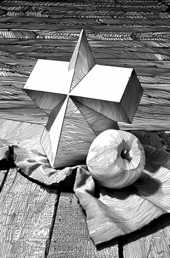 masterpiece,best quality,line art,<lora:xiantiao_style:0.9>,black and white style,apple,gypsum geometry,interfacing,