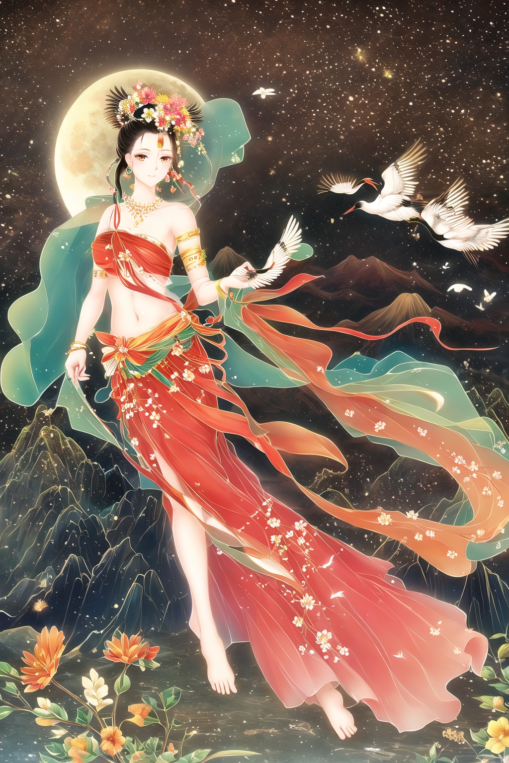 <lora:gilding_v1-000006:0.8>,armlet,barefoot,bird,black hair,flower,hair ornament,midriff,moon,mountain,red-crowned crane,scenery,simple background,solo,