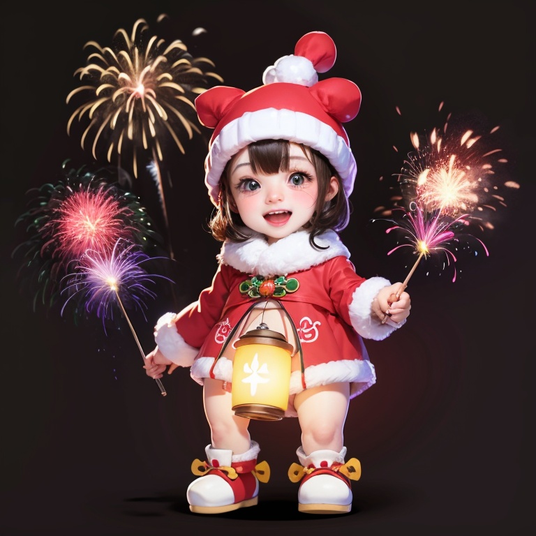 merrychristmas,bubble bobble, rabbit, dragon's hat, dragon's skin, fireworks, open mouth, solo, no humans, smile, black eyes, standing, black background, blush, lantern, aerial fireworks, full body