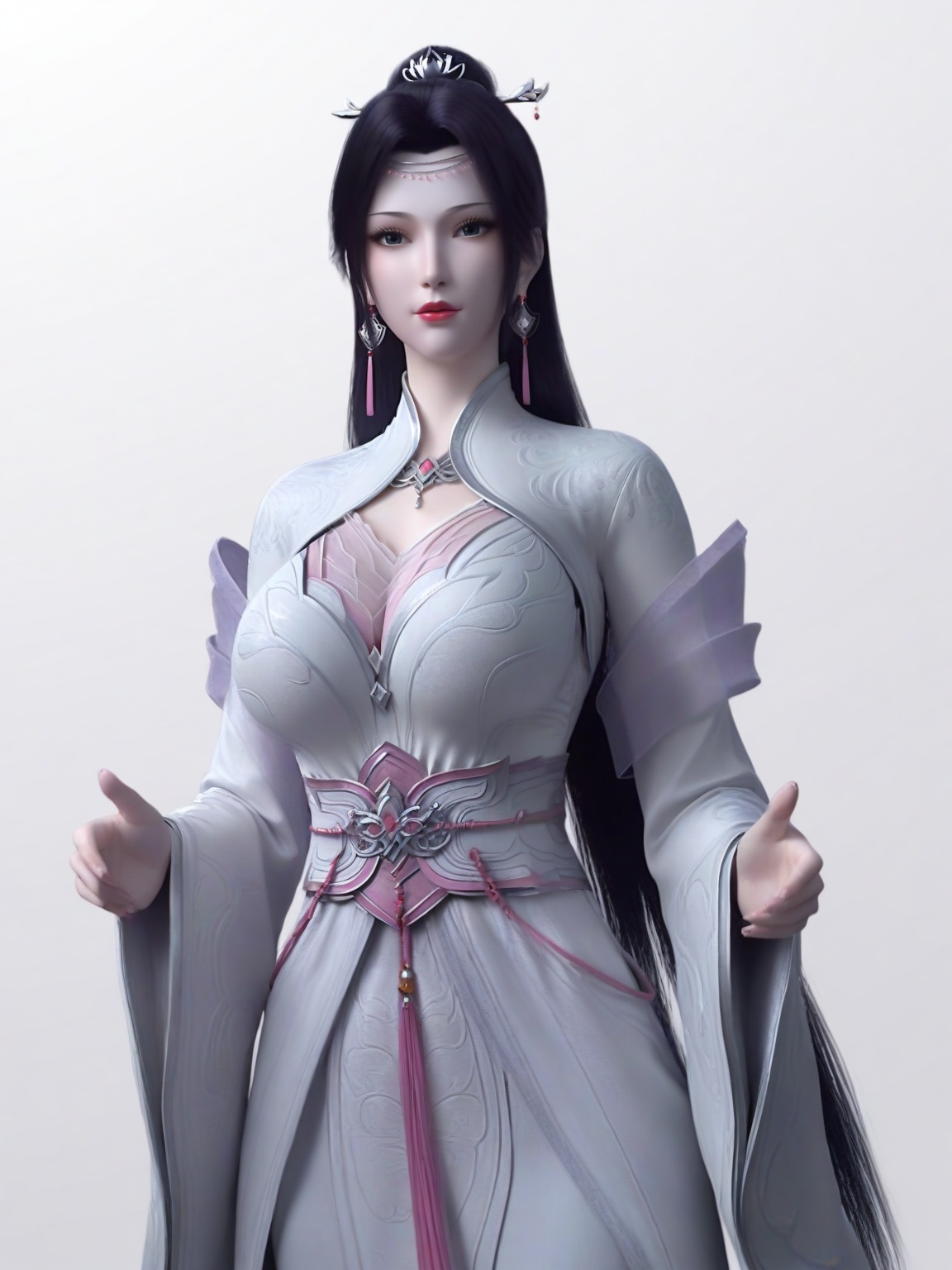 score_9,1girl,solo,dress,long hair,earrings,hair ornament,eyelashes,large breasts,standing,wide sleeves,lipstick,looking at viewer,white background,simple background,cowboy_shot,<lora:SF_YunYun_HuaZong_Pony_Realism2.3-000003:0.7>,