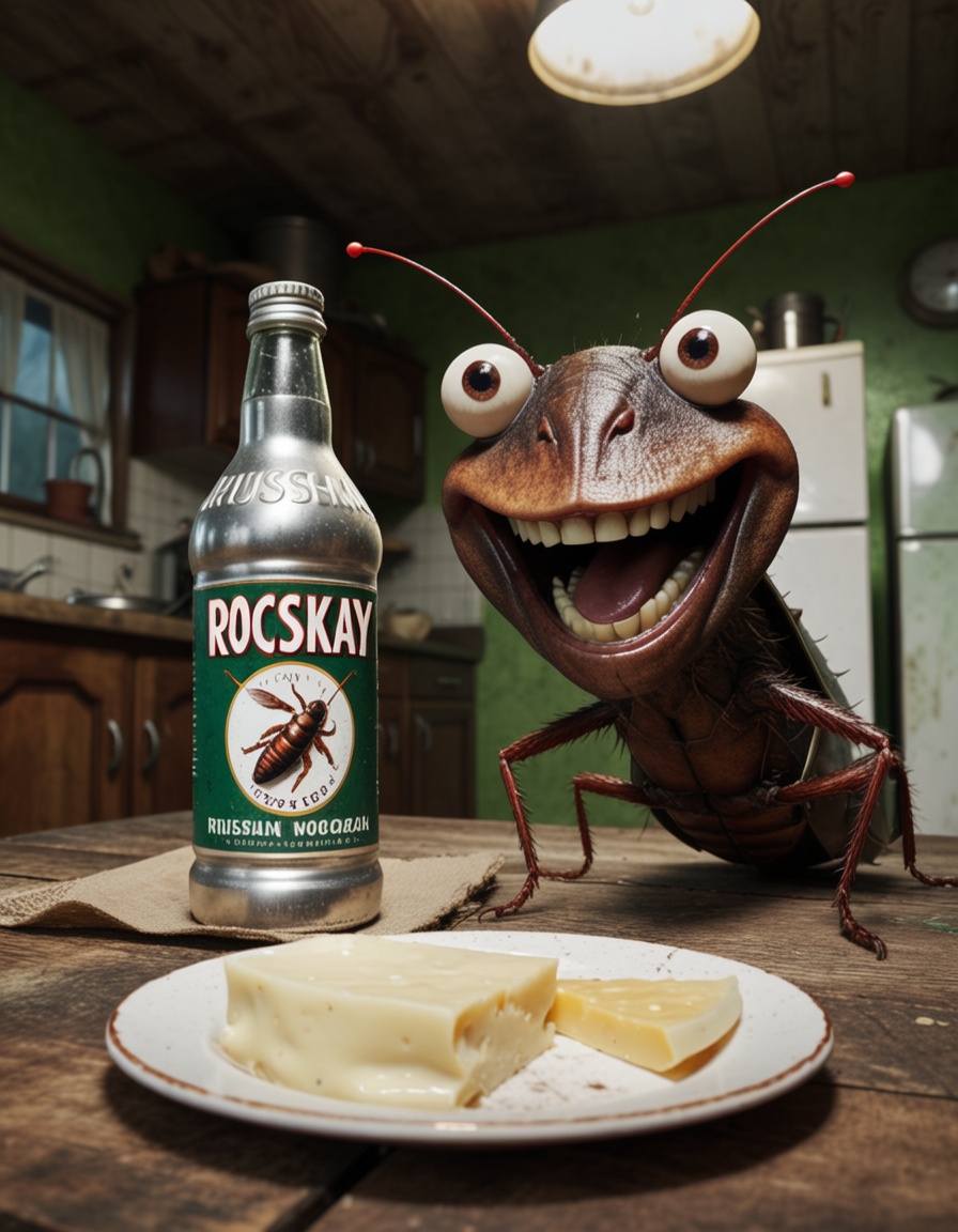 Hyper-realistic cinematic scene of a anthropomorphic cockroach with cartoonish features,  at a wooden kitchen table in a s...