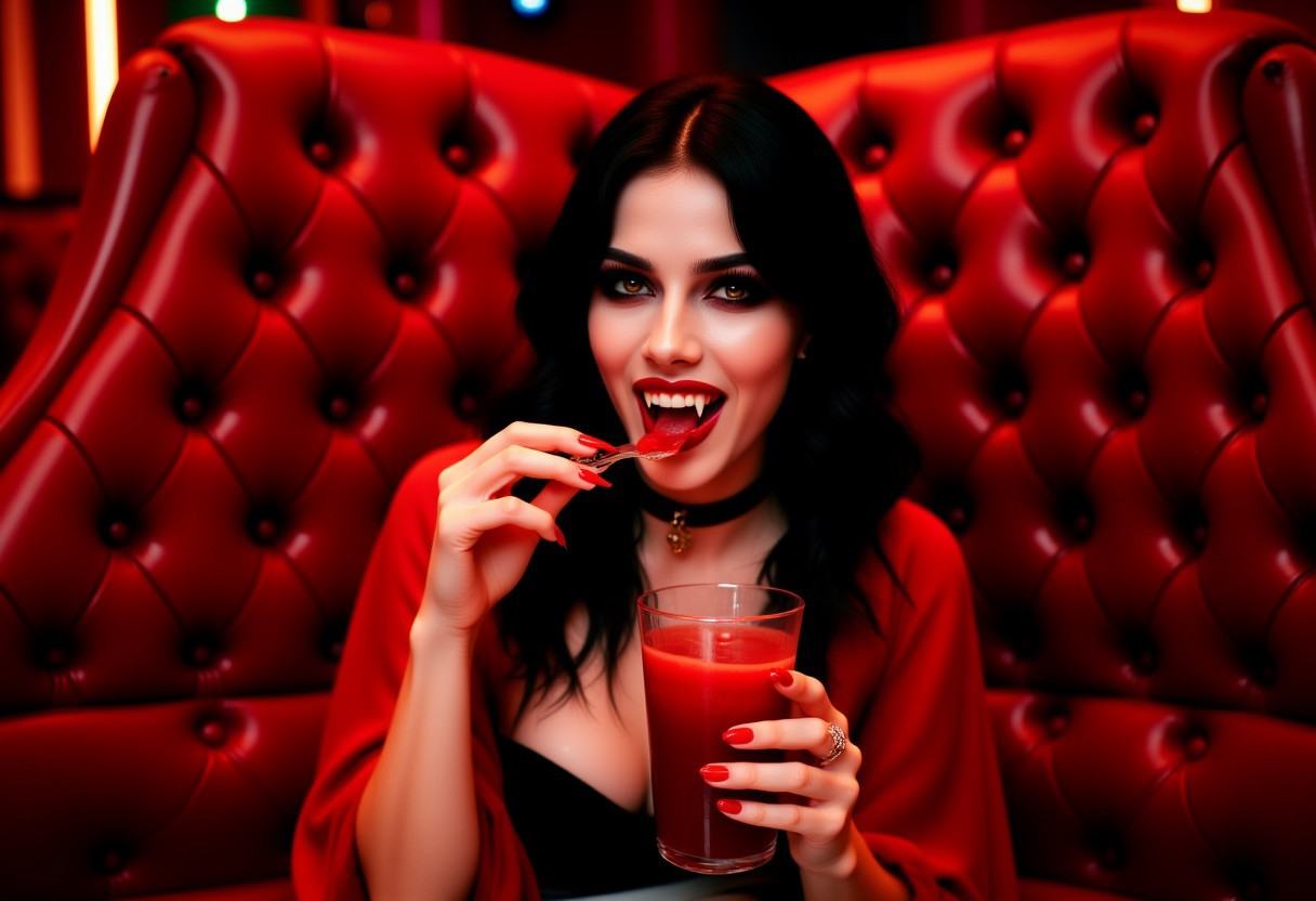Vampyfangs1. A black haired vampire woman with fangs sits on a red couch drinking a red cocktail. She's at a red themed ba...