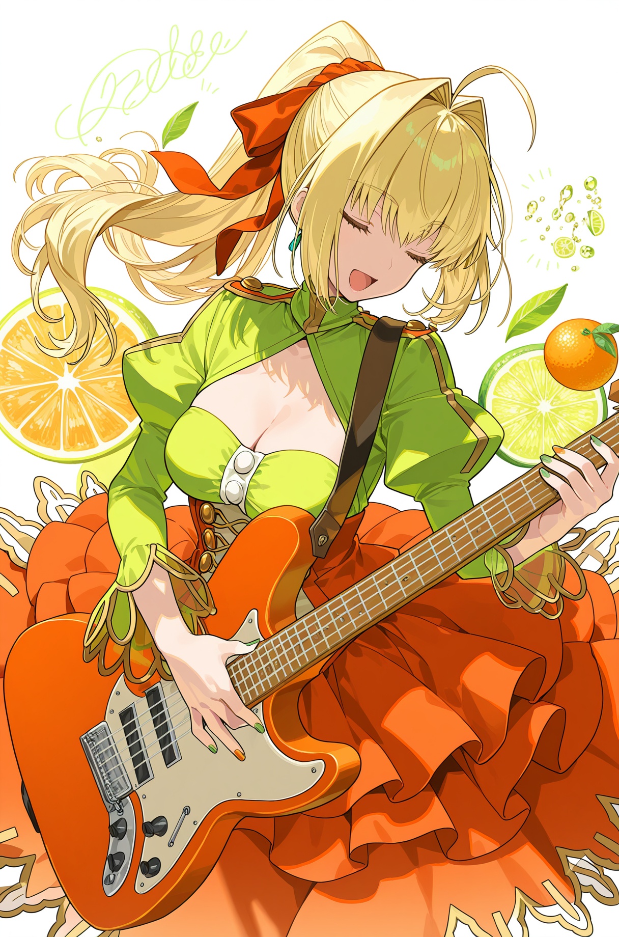 20,1girl,fruit,food,solo,closed eyes,blonde hair,long hair,orange nails,smile,guitar,long sleeves,holding,open mouth,nero claudius \(fate\),orange skirt,green shirt,skirt,hair intakes,instrument,jewelry,ahoge,frills,dress,nail polish,layered skirt,breasts,puffy sleeves,shirt,orange \(fruit\),green nails,juliet sleeves,official alternate costume,lime \(fruit\),ponytail,nero claudius \(fate/extra\),