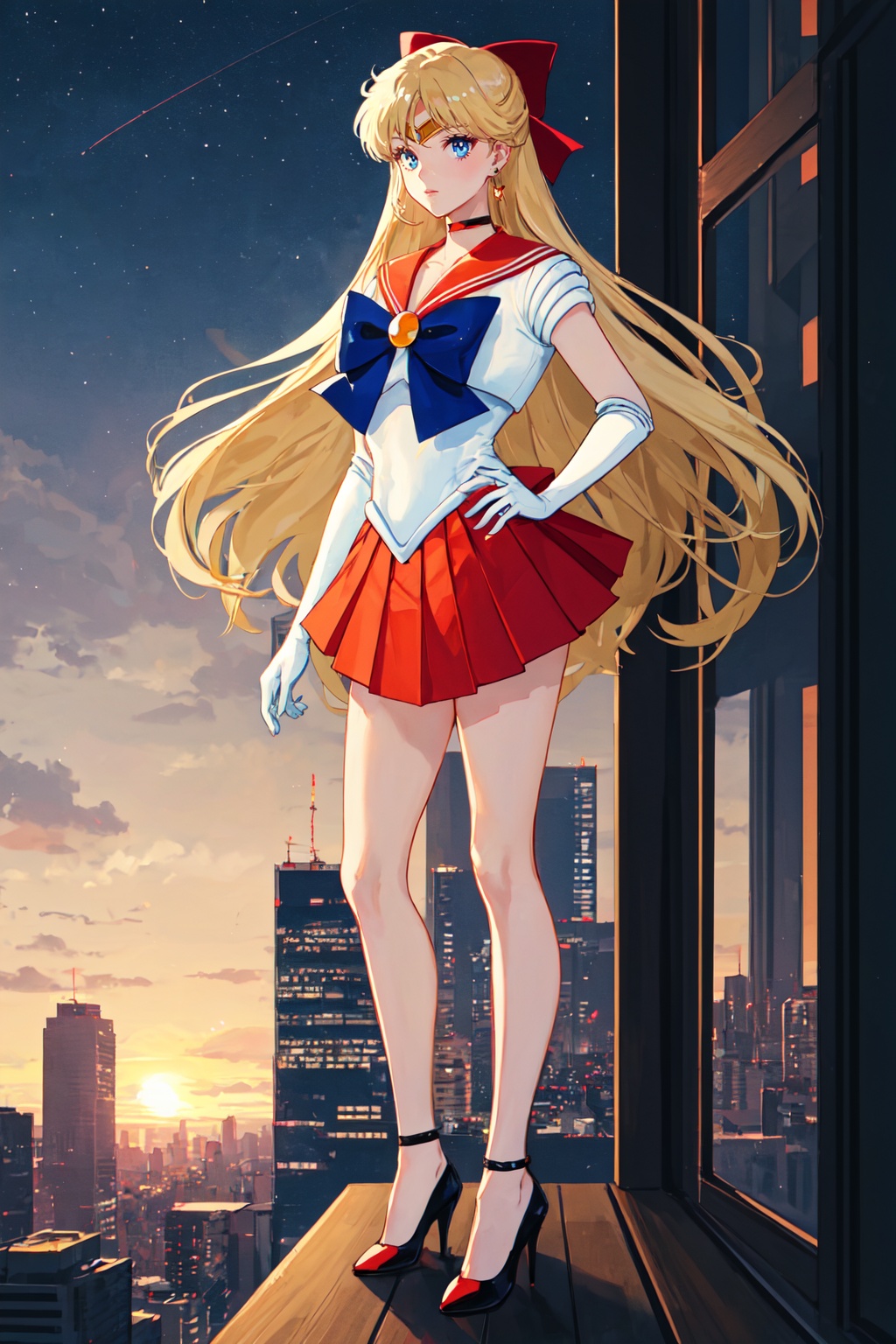 1girl,looking at viewer,solo,long hair,very long hair,blonde hair,blue eyes,choker,tiara,sailor collar,hair bow,bow,gloves,skirt,high heels,sailor senshi uniform,standing,<lora:Minako:0.8>,Minako_CYQL,upper_body,beautiful face,beautiful eyes,glossy skin,shiny skin,Rooftop bar views, Skyline, Cocktails, Nightlife, Panorama,beautiful detailed sky,beautiful detailed glow,posing in front of a colorful and dynamic background,masterpiece,best quality,beautiful and aesthetic,contrapposto,female focus,wallpaper,fashion,