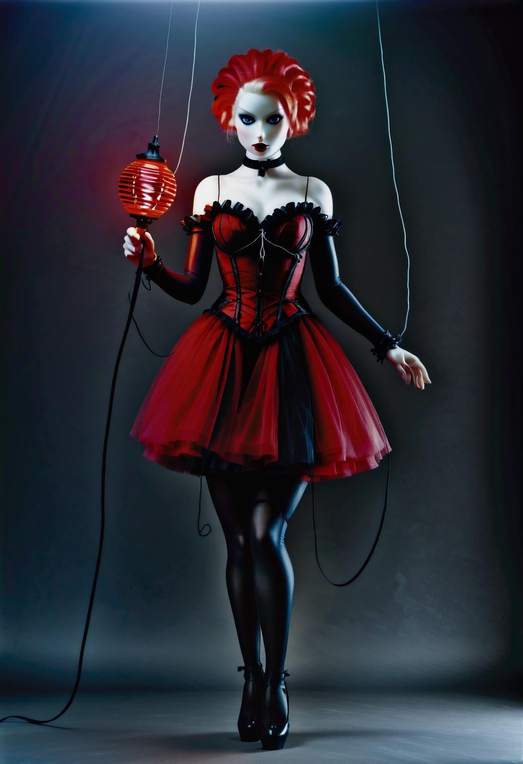 marionetka,  a puppet in a red and black dress,  holding a string on Tensor.Art