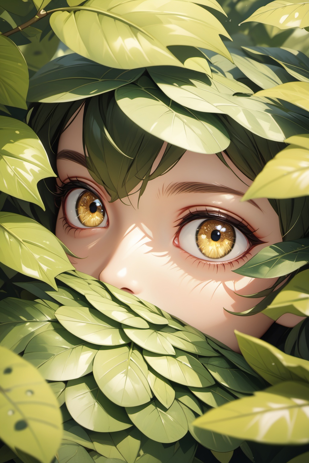 close-up,eyes focus,eye close-up,1girl,hiding in the leaves,shiny scales,Photorealistic,, (masterpiece,best quality:1.2)