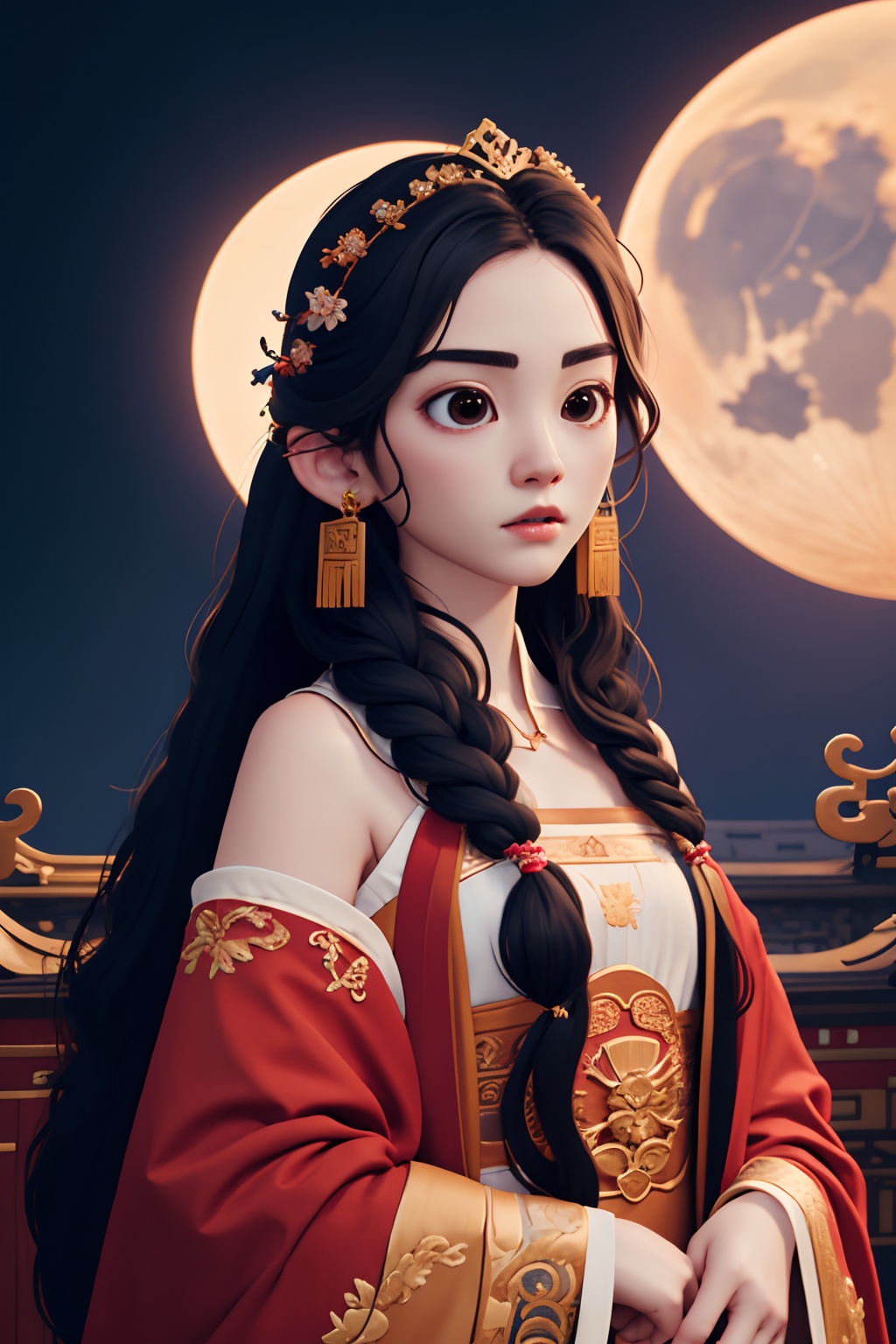 1girl,long hair,guofengZ,outdoors,moon,<lora:guofengZ-000008 (2):0.8>,, (high quality), best quality, (4k), 8k, super detailed, (full detail), (masterpiece), (realistic), super detailed,(Exquisite details) ,intricate,