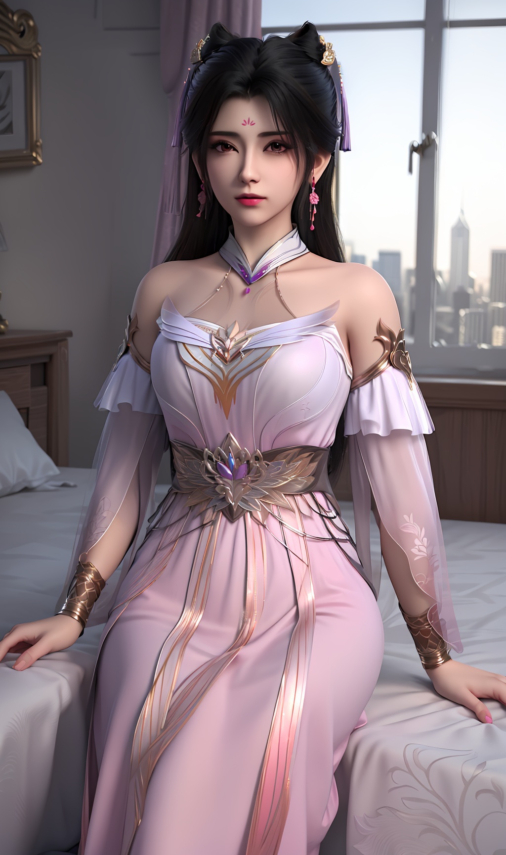 3D,masterpiece,(best quality),(makeup),official art, extremely detailed cg 8k wallpaper,((crystalstexture skin)), (extremely delicate and beautiful),(highly detailed),(face),(collar),(long_sleeves),(1girl), (solo), (jewelry), (earrings),(black_hair),(long_hair),(hair_ornament),(handwear),(breasts),(sitting),(upper_body),(long_legs),(closed_mouth),(off-shoulder_dress),(long_skirt),,(chinese_clothes),(multicolored_clothes),(multicolored_dress),(shiny_clothes),(bare_shoulders),(city,indoor,bed),(wristband),,((looking_at_viewer)),((Facing the camera)),, <lora:hipoly3DModelLora_v10:0.3>