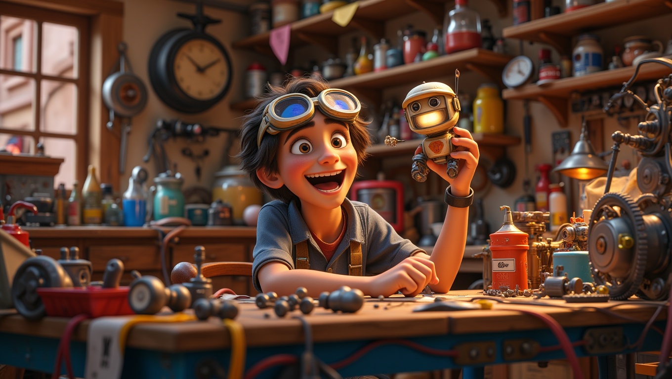 A young boy is sitting at a cluttered workbench in a garage,  surrounded by gears,  wires on Tensor.Art