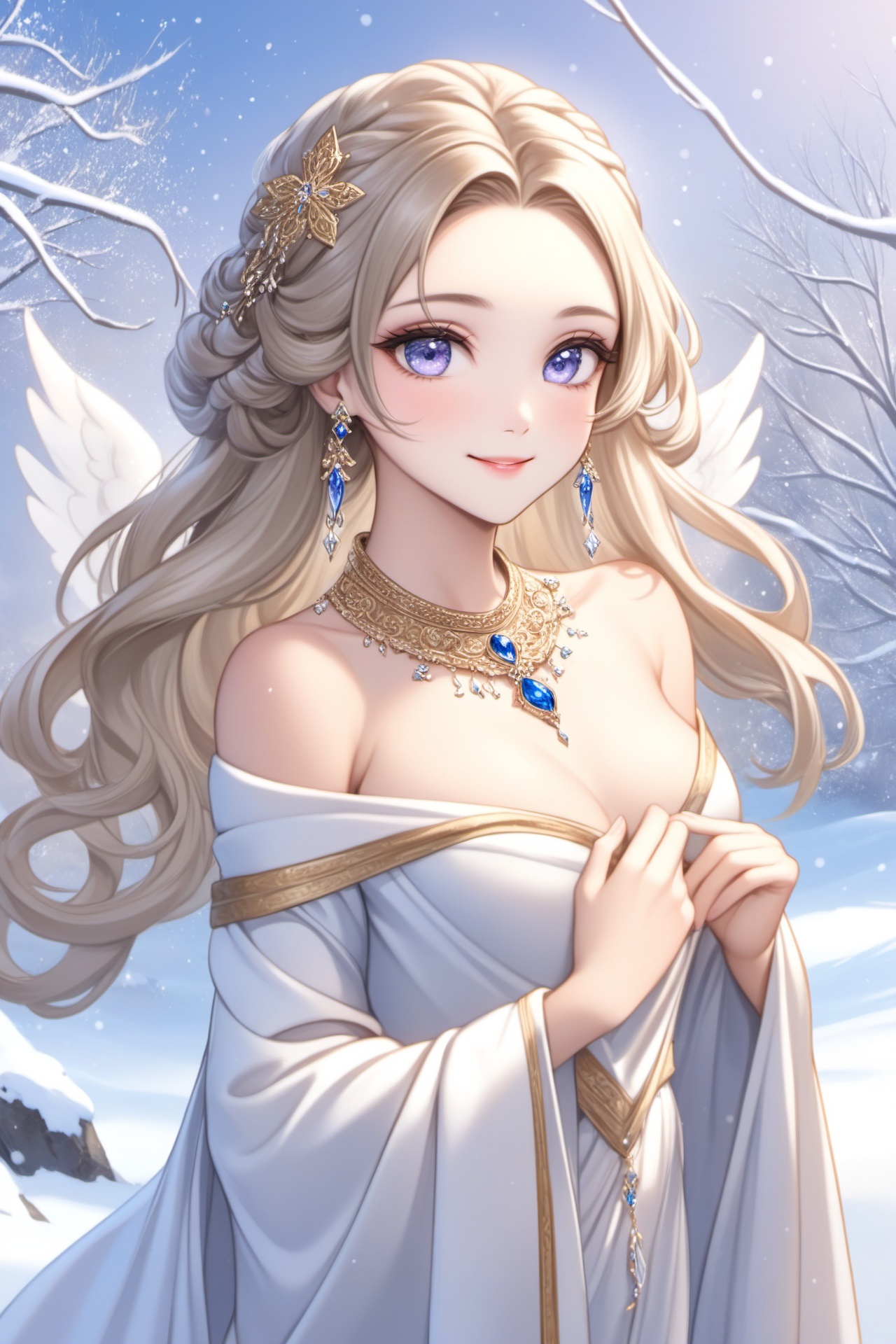 a woman of ancient style,winter scene,luxurious,captivating gaze,flawless complexion,cascading locks of silk,enchanting smile,expressive eyes that sparkle,angelic features,graceful neck,elegant posture,fashionable attire,