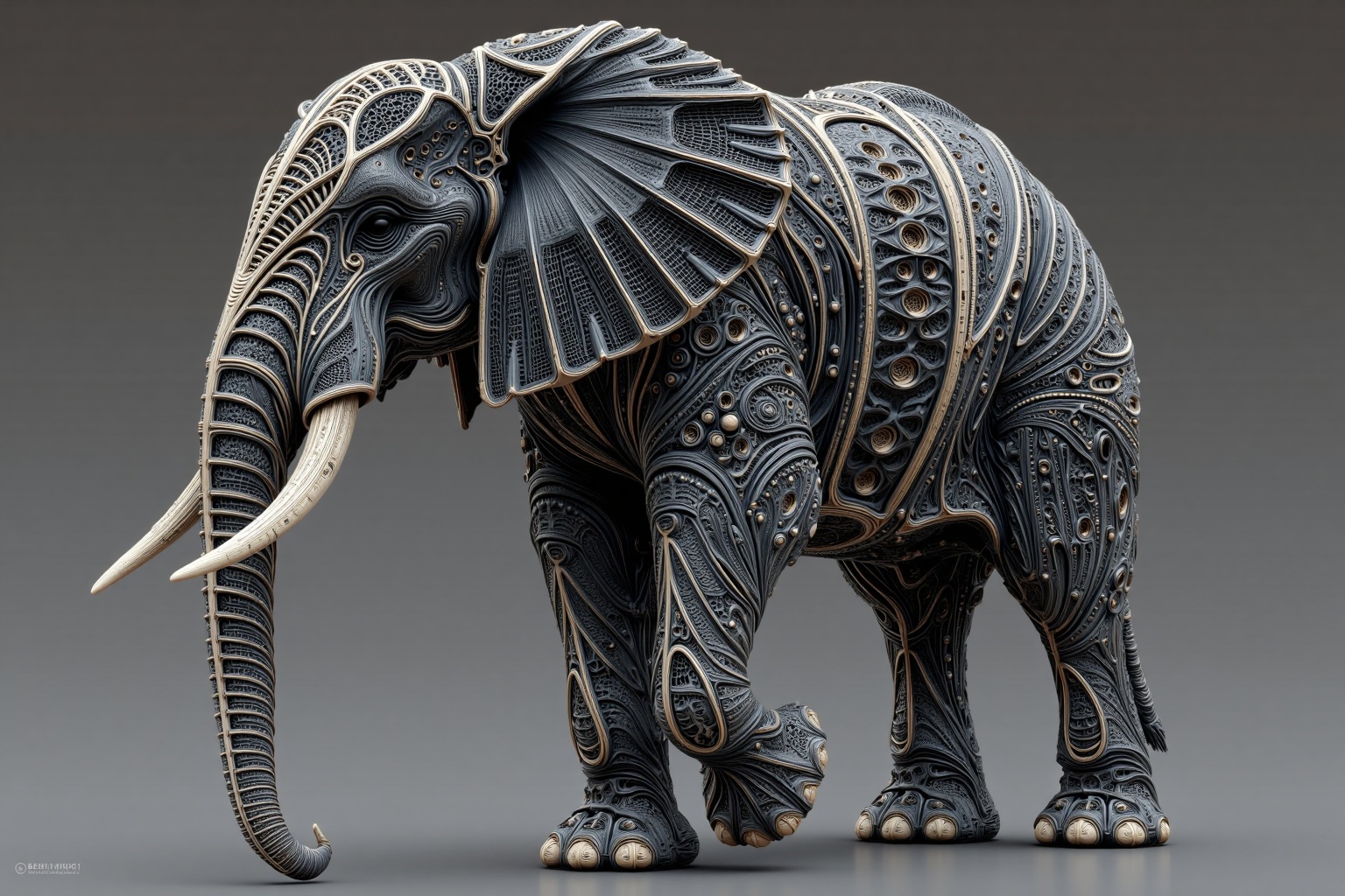 beijihui,Captured in a low-angle perspective, a medium-sized black and white elephant stands on a gray surface. The elephant's trunk is adorned with a white tusk, adding a touch of contrast to its black body. Its trunk is encased in a intricate pattern of white lines, adding depth to the composition. The background is a solid gray, creating a stark contrast to the elephant's body.