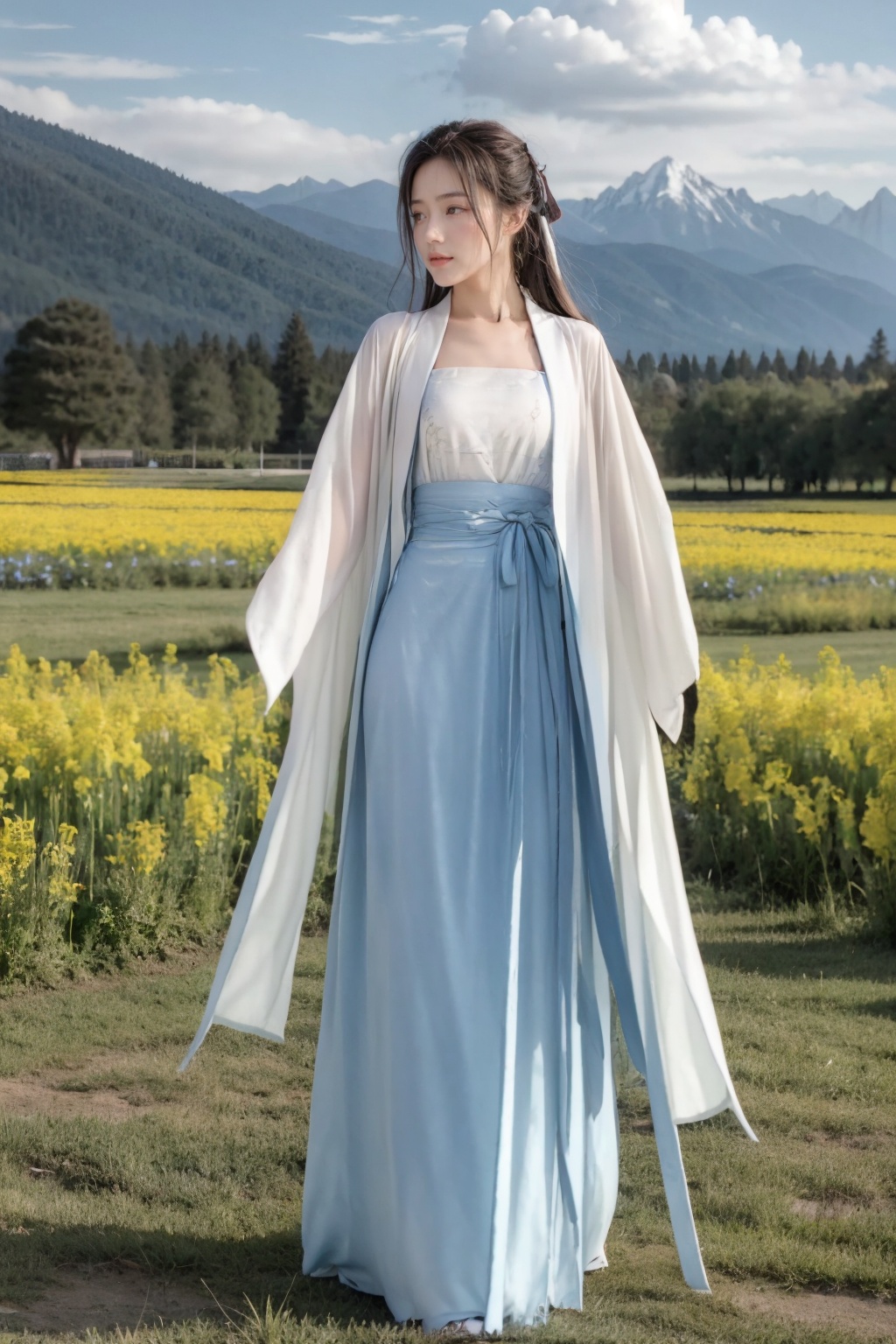 Realistic,masterpiece,best quality,8K,HDR,RAW,1girl,((solo)),(Spring scenery, mountains in the distance, beautiful clouds, rape flower fields),(standing),large breasts,Looking at the audience,full body,<lora:add_detail:0.6>,<lora:GoodHands-beta2:1>,<lora:ENNE 汉服_v10:1>,hanfu,blue skirt,