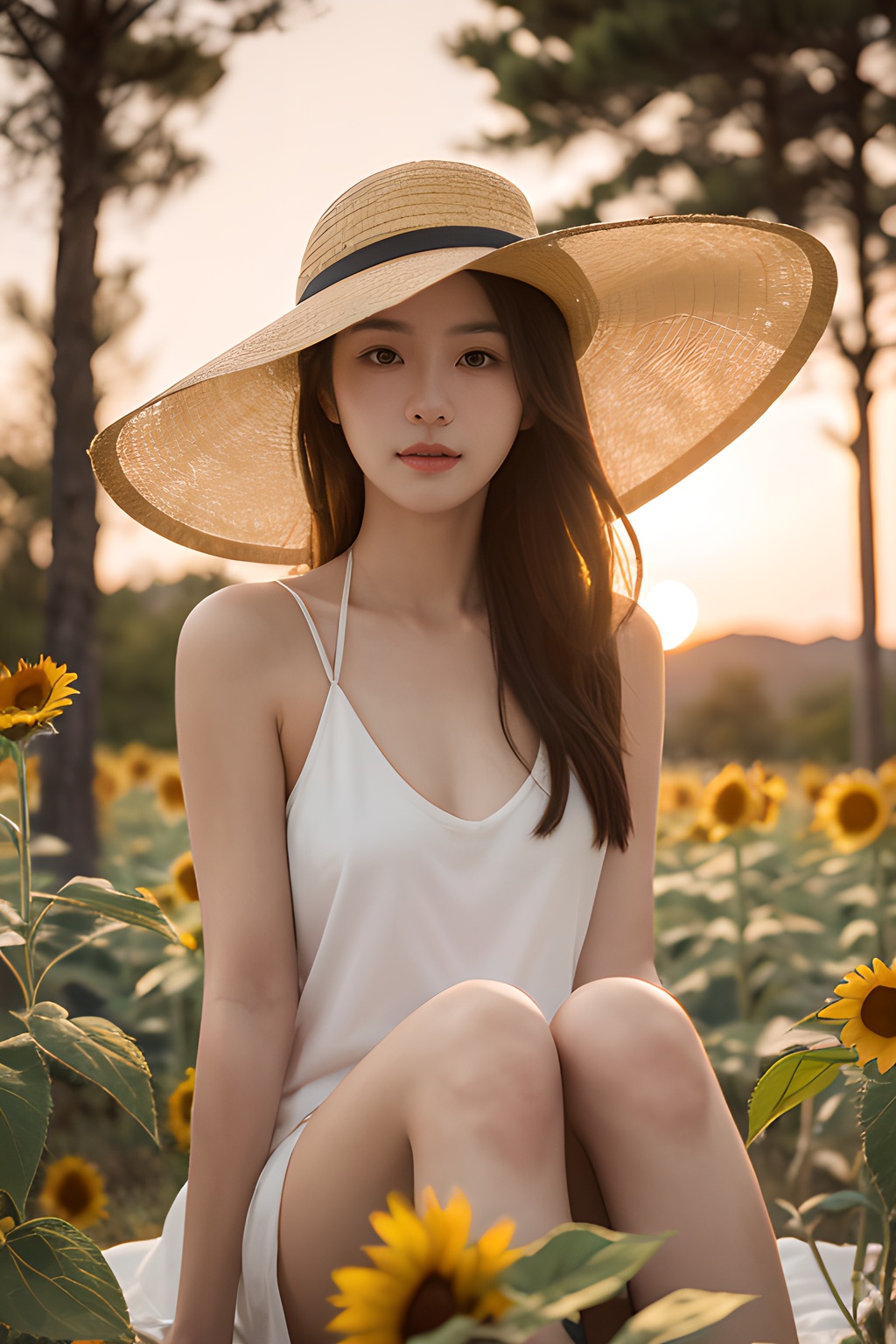 <lora:0809_01:0.7>,a girl with a sun hat, sitting in a field of sunflowers, bathed in the golden glow of sunset, warm hues, peaceful ambiance, natural beauty.korean girl,black hair,, 1girl,realistic,masterpiece, best quality, photorealistic, HDR,detail
