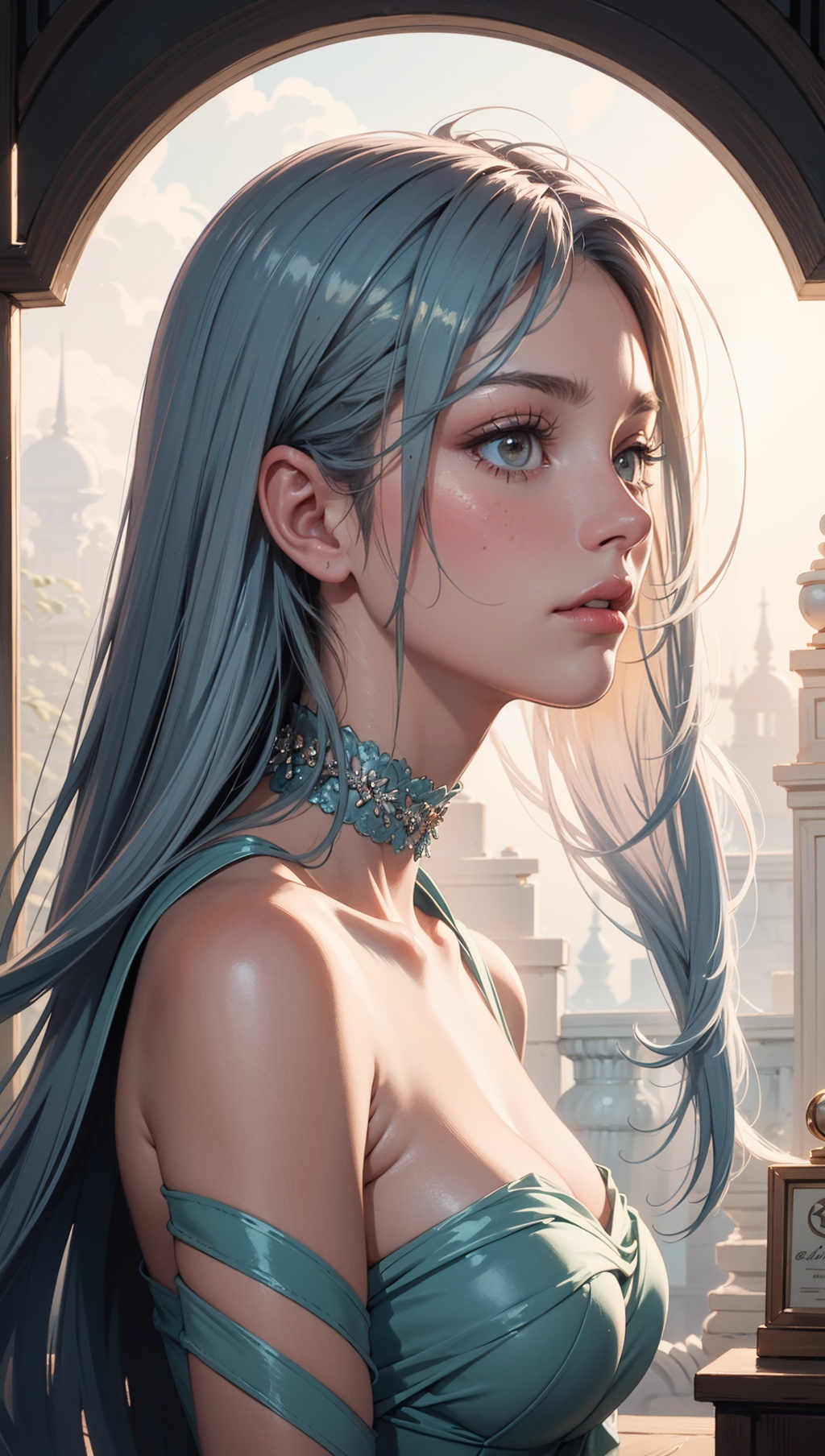 Abstract style hauntingly ethereal portrait of a mysterious figure draped in translucent fabric,  crystals adorning their...