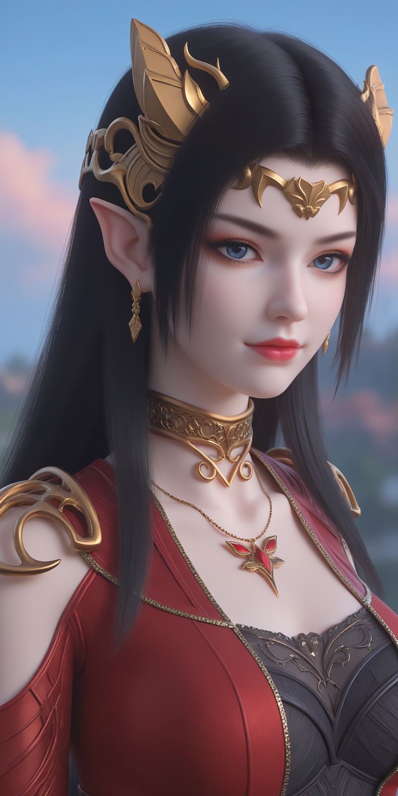 <lora:美杜莎pony-000013:0.6>,meidusha,1girl,jewelry,solo,pointy ears,upper body,black hair,long hair,earrings,necklace,red dress,hair ornament,blue sky,clothing cutout,dress,sky,closed mouth,looking at viewer,breasts,metal collar,collar,blue eyes,depth of field,masterpiece,best quality,very aesthetic,2024,2023,perfect composition,ultra-detailed,extreme aesthetic,(quasarcake:0.7),masterpiece,best quality,good quality,newest,year 2024,year 2023,very aesthetic,absurdres,looking_at_viewer,colorful,