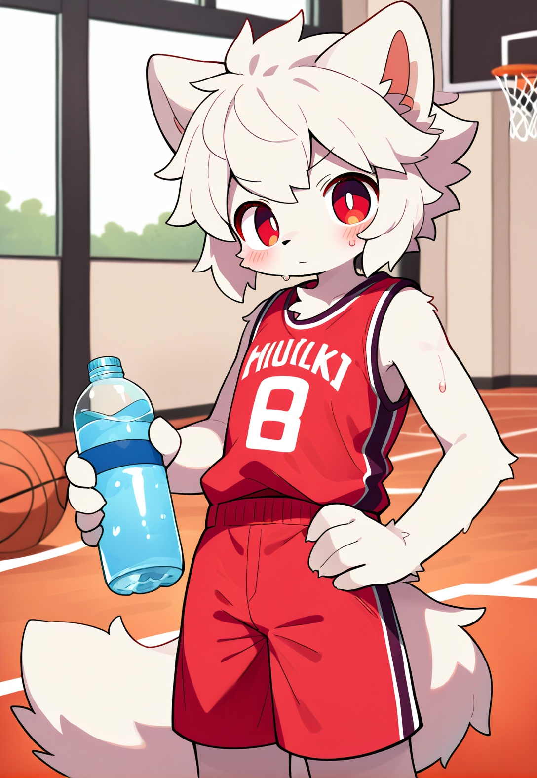solo,male focus,(white hair,red eyes),indoors,basketball court,looking at viewer,red sleeveless,red shorts,sweat,one hand on hip,holding water bottle,hand on hip,depth of field.,body fur,furry,