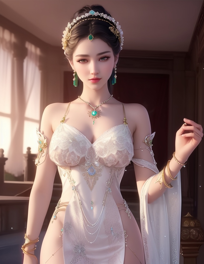 ultra realistic 8k cg, picture-perfect face, flawless, clean, masterpiece, professional artwork, famous artwork, cinematic lighting, cinematic bloom, perfect face, beautiful face, fantasy, dreamlike, unreal, science fiction,  beautiful clothes, lace, lace trim, lace-trimmed legwear,  (rich:1.4), prestige, luxury, jewelry, diamond, gold, pearl, gem, sapphire, ruby, emerald, intricate detail, delicate pattern, charming, alluring, seductive, erotic, enchanting, hair ornament, necklace, earrings, bracelet, armlet,halo((,1girl, pov,))(((,  1girl,  solo,looking at viewer, ))),(((1girl, solo, dress, jewelry)))<lora:DA_WhiteSnakeGreenSnake:0.7>