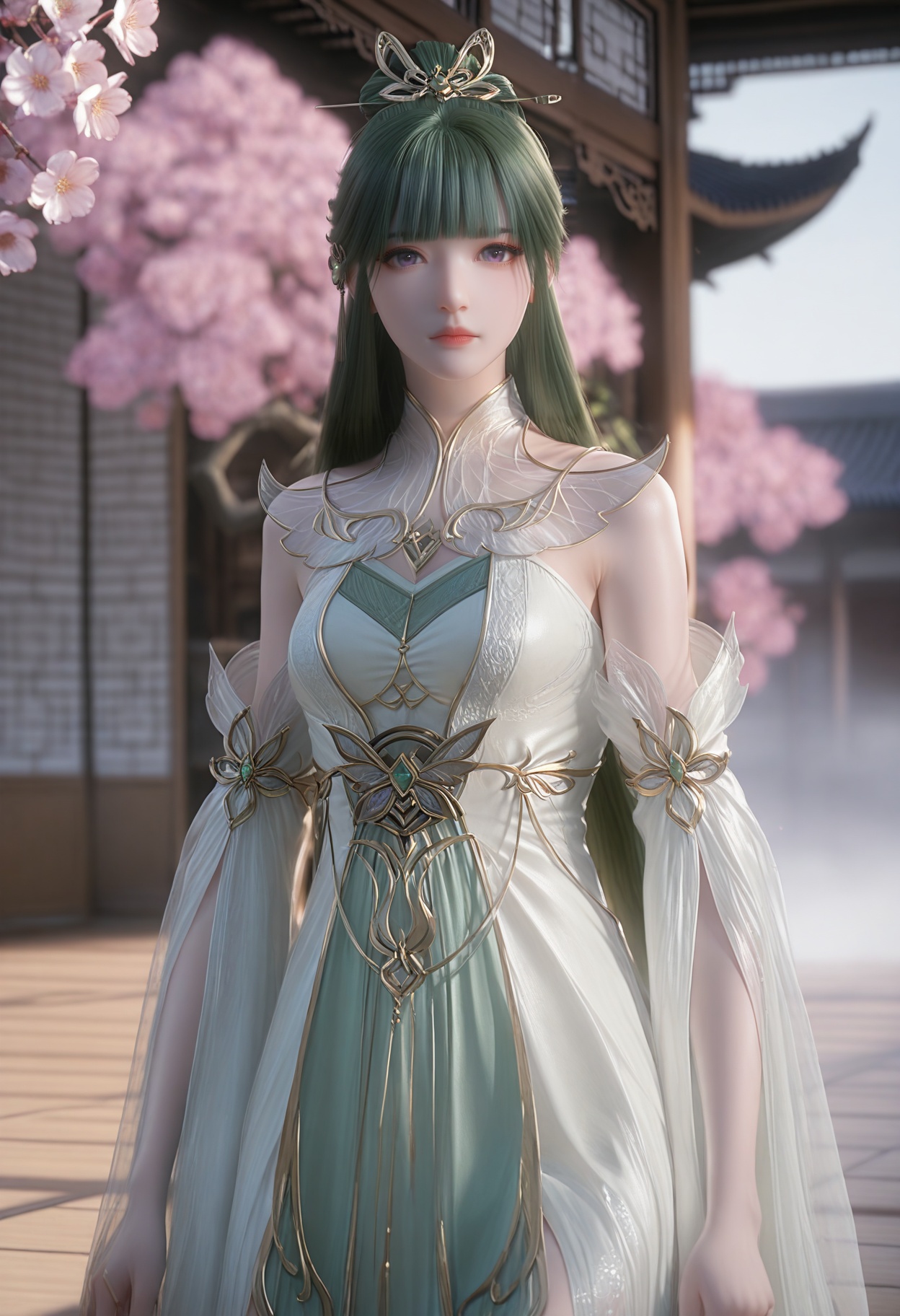 Fu_qu,1girl,green hair,hair ornament,long hair,bangs,blurry background,anklet,barefoot,purple eyes,bare shoulders,<lora:Fu_qu_10_illu-000004:0.75>,white dress,green dress,detached sleeves,see-through,gold trim,photorealistic,hyperrealistic,<lora:realistic filter [IL]:1>,(pale skin:1.2),looking at viewer,standing,(upper body:1.5),close up,head shot,lantern,open window,looking at viewer,indoors,mountains,blossoms,flowers,east asian architecture,beautiful sunrise,warm ambient temperature,