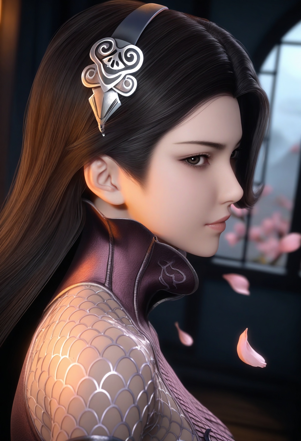 masterpiece,best quality,amazing quality,very aesthetic,high resolution,ultra-detailed,absurdres,scenery,photorealistic,(looking at viewer:1.1),upper body,(Dark room:1.3),(moody lighting:1.1),peach blossom,falling petals,(large breasts:0.8),tianyan,1girl,solo,long hair,black hair,armor,brown eyes,brown hair,hair ornament,bodysuit,fishnets,fishnet pantyhose,dress,gloves,black eyes,high collar,hairband,elbow gloves,high heels BREAK photorealistic details,<lora:QQSilltianyanV1:0.8>,