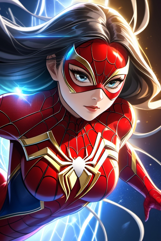 movie poster,photon effects,Elegant Spider-Woman,a vision of beauty and strength,adorned in a sleek spider-themed suit that accentuates her graceful curves,her eyes sparkling with determination and courage behind a stylish mask,flowing locks of silk cascading down,a delicate art style,clear facial description of characters,impact force screen,8k,