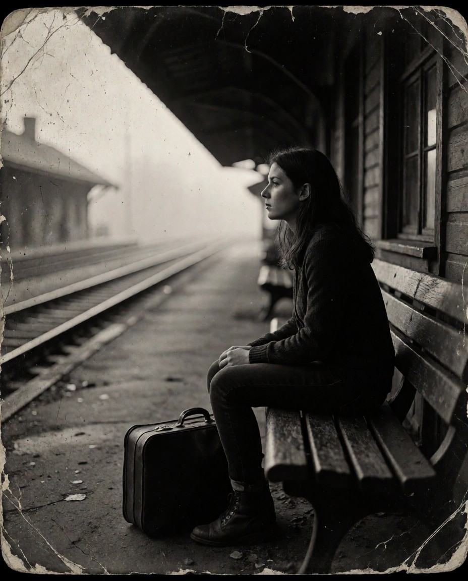 analog_feel,  a forgotten memory of departure,  a young woman sitting on a worn wooden bench at an old train station on Te...