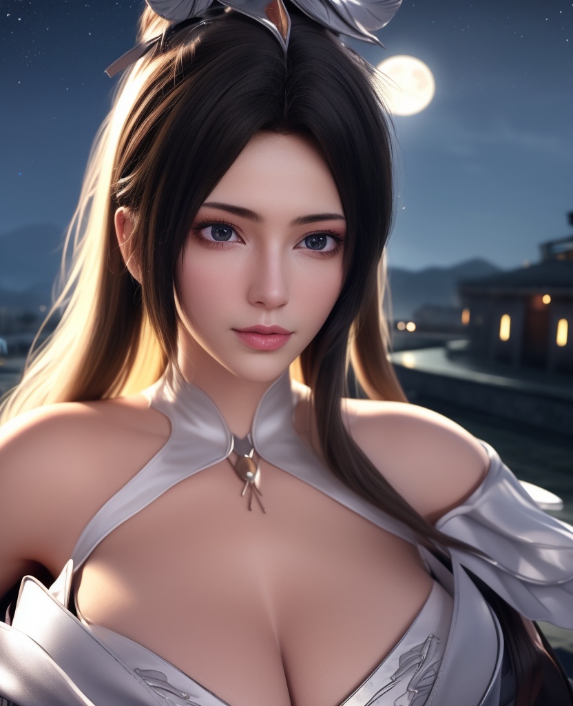 <lora:584-DA-星辰变-白灵:0.8>(,1girl, ,best quality, ),looking at viewer,  ,ultra detailed background,ultra detailed background,ultra realistic 8k cg,, ,masterpiece, (( , )),, ,   ,   cure blossom, full moon,night,night sky,  (cleavage), (), ,,
