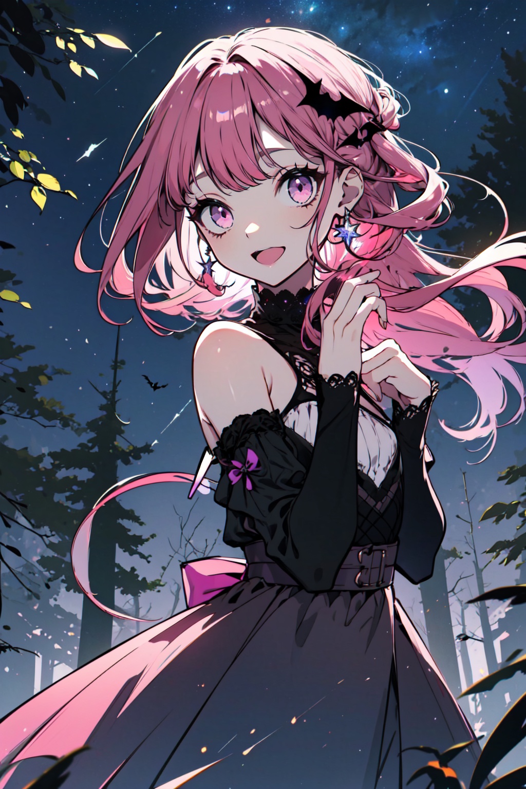 Halloween atmosphere, Halloween witchesFairy tale Deep forest, green forest, in the forest, quiet moonlight, ��1girl, pink hair, solo, dress, long hair, hair ornament, pink eyes, looking at viewer, star (sky), open mouth, bare shoulders, bangs, detached sleeves, starry sky, sky, hair rings, smile
