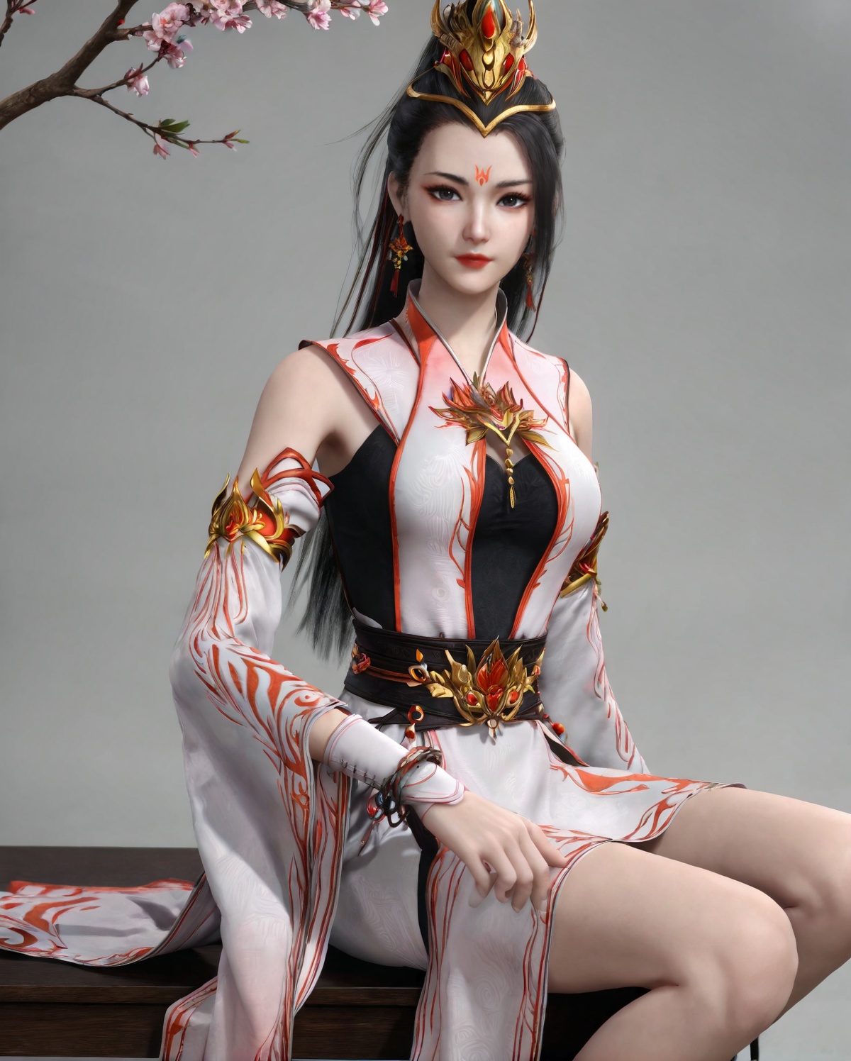 <lora:SF_JiuJiu_Pony_Realism-000003:0.7>,1girl,solo,flower,dress,earrings,detached sleeves,facial mark,forehead mark,hair ornament,jewelry,sitting,looking at viewer,branch,black hair,long hair,hair bun,