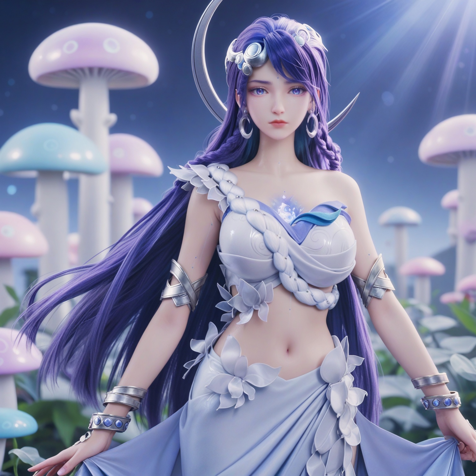 (upper_body:1.1),(huge breasts:0.9),<lora:YQponyhaiyueV4:0.8>,q1528437228,solo,1girl,long_hair,purple_hair,jewelry,hair_ornament,earrings,blue_eyes,dress,blue_hair,braid,bracelet,crescent,bare_shoulders,midriff,very_long_hair,white_dress,skirt,crescent_hair_ornament,armor,collarbone,purple_eyes,shoes,high_heels,realistic,blue_footwear,armlet,night,crescent_earrings,facial_mark,barefoot,hair_rings,long_skirt,white_pantyhose,white_skirt,wings,blue_dress,blush,(looking_at_viewer:1.1),BREAKintricate details,shiny_skin,solo focus,(blurry background:1.1),(depth of field:1.1),perfect_anatomy,(cinematic lighting:0.9),(volumetric lighting:0.9),light rays,shiny clothes,light beam,hourglass,(Short torso:1.1),(High waistline:1.1),(fluorescent mushroom forests background,:1.3),