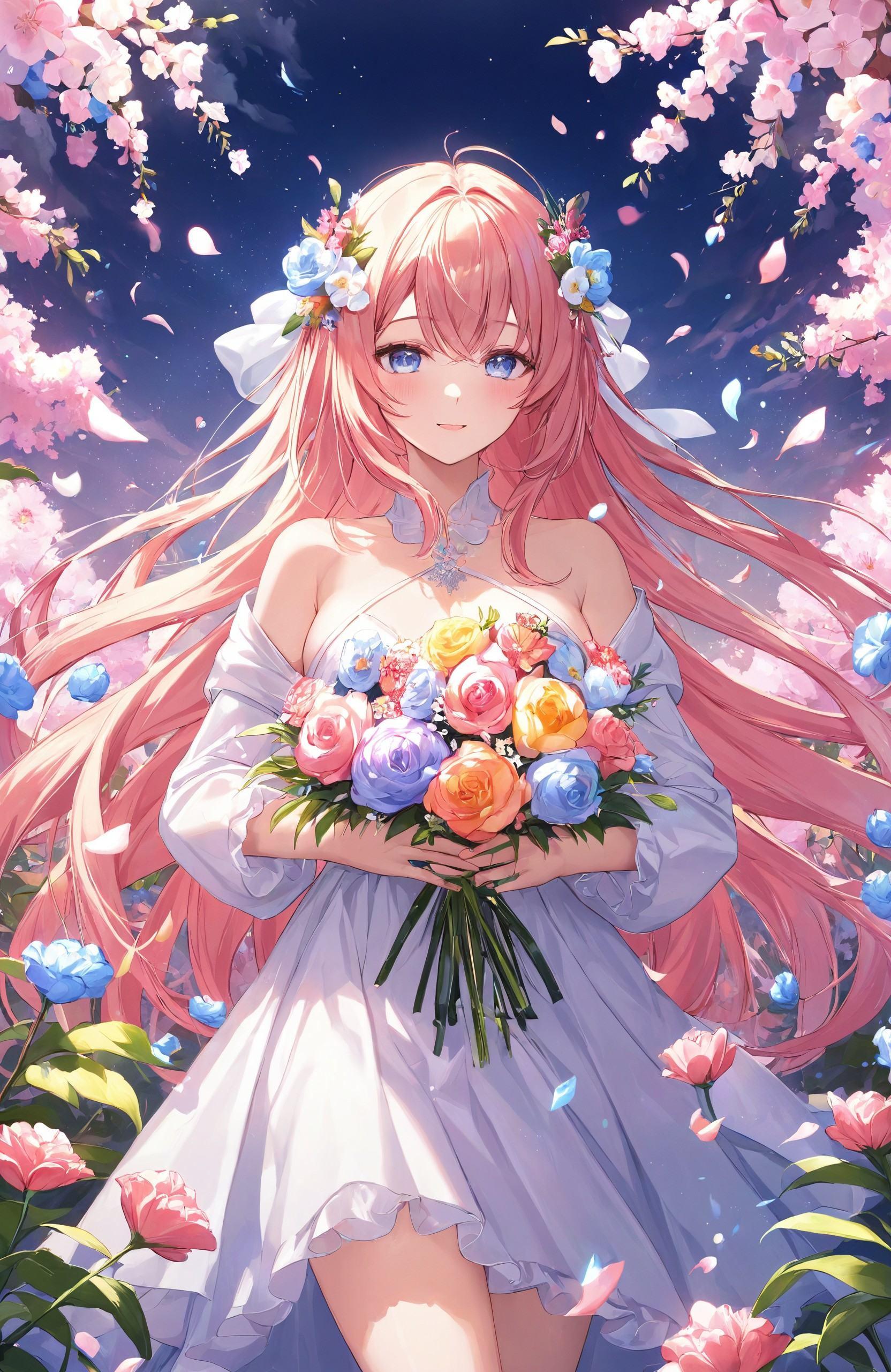 Floral Symphony, delicate girl surrounded by blooming flowers, vibrant and soft color splashes, ethereal and serene ambiance
