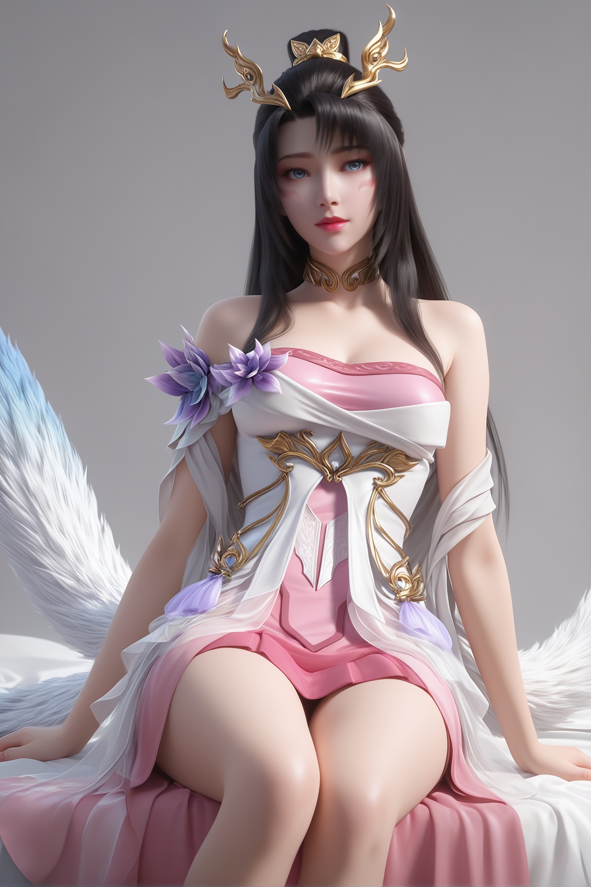 masterpiece,best quality,realistic,cinematic,detail eyes,(ultra-detailed),perfect composition,intricate details,absurdres,detailed face,high quality,high res,8K,<lora:X_tianhuxianzi_IL3.0:0.8>,black hair,blue eyes,facial mark,1girl,long hair,breast,medium breast,hair_ornament,dress,bare_legs,sitting,simple background,bed,