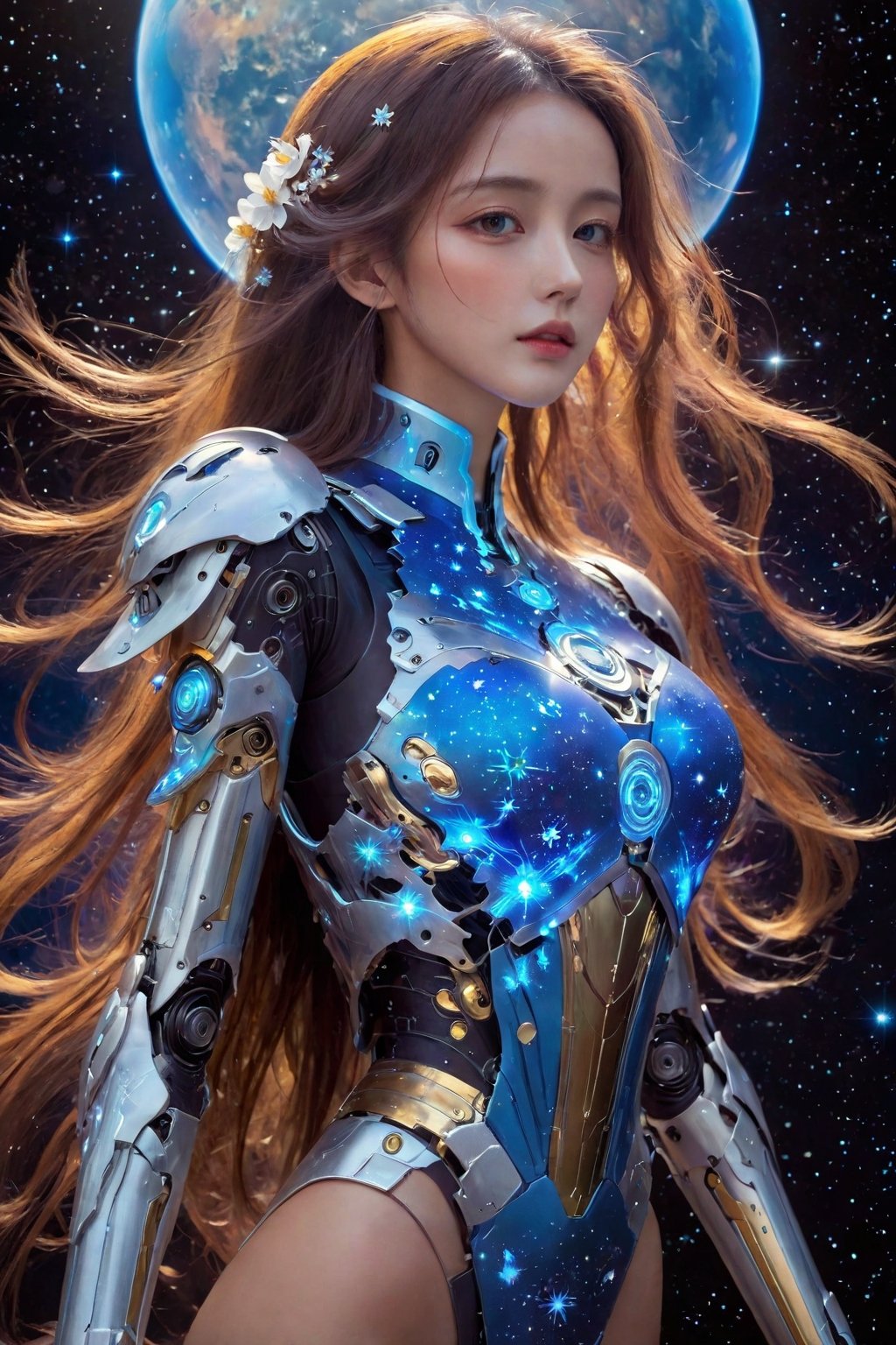 (Masterpiece:1.5),(high quality:1.5),(best quality:1.5),(ultra high res),(Visual impact:1.5),1 girl,Solo,(Perfect female body:1.5),Flower,Extremely detailed,starry_sky,hair ornament,cloud,sky,blue sky,long hair,planet,cosmic starry sky,(science fiction:1.5),(shining mecha:1.2),wings,<lora:lora:0.8>,