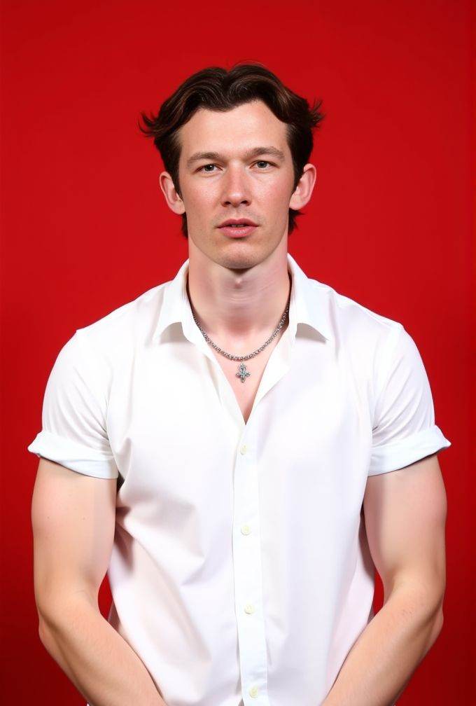 Callum Turner ,  The image is a high-resolution photograph. standing against a solid red background. wavy hair styled to t...
