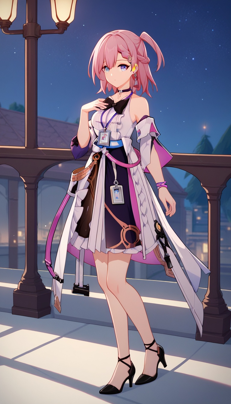 absurdres, best quality, uncensored, score_9, score_8_up, score_7_up, outdoors, night sky, starry sky, solo, 1girl, asta \(honkai: star rail\), hairclip, one side up, pink hair, braid, blue eyes, black bowtie, white shirt, black skirt, bare shoulders, detached sleeves, id card, center frills, lanyard, choker, hand on own chest,high heels, looking at viewer, standing, full body, <lora:asta-000004:0.8>, 