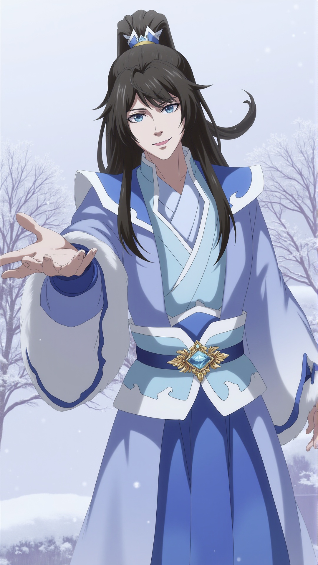 kp,1boy,male focus,long hair,black hair,solo,chinese clothes,ponytail,tree,looking at viewer,outdoors,snow,outstretched arms,fur trim,sky,smile,jewelry,snowing,<lora:F1-baixiaochun:0.8>,realistic,reality,