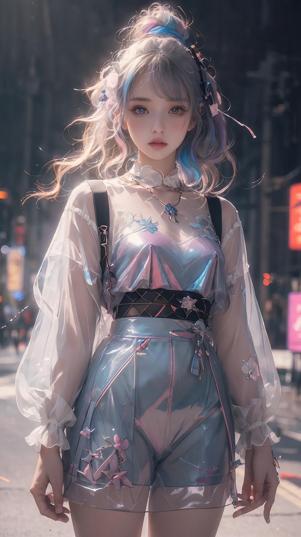 Best quality,masterpiece,transparent color PVC clothing,transparent color vinyl clothing,prismatic,holographic,chromatic aberration,fashion illustration,masterpiece,girl with harajuku fashion,looking at viewer,8k,ultra detailed,pixiv,,