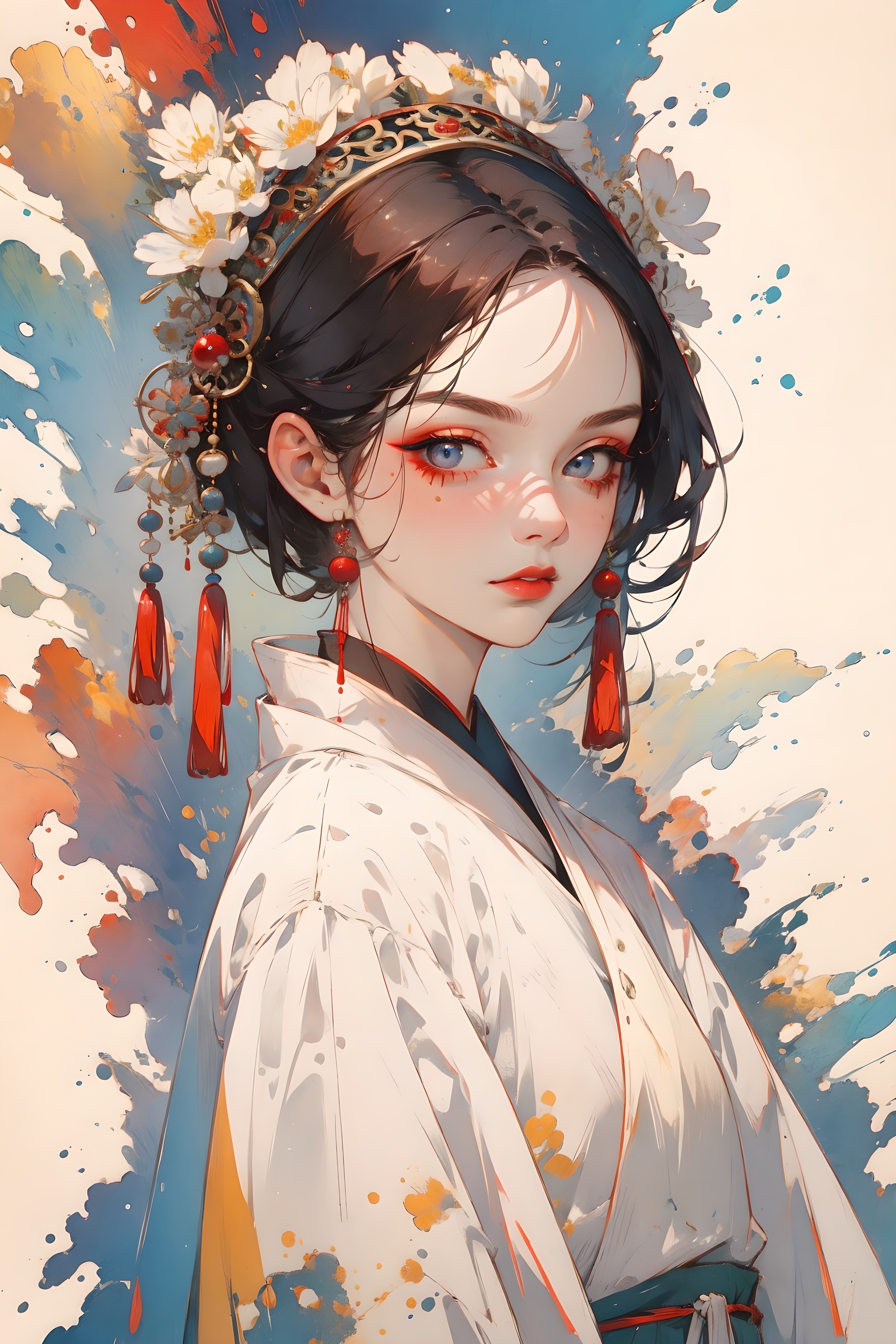 one girl,masterpiece:1,best quality,pigment:1.5, Facial detail,Exquisite makeup, Color background,(colorful:0.8),ancient ,ancient costume,diffusion,China, <lora:chinese-art:0.45>