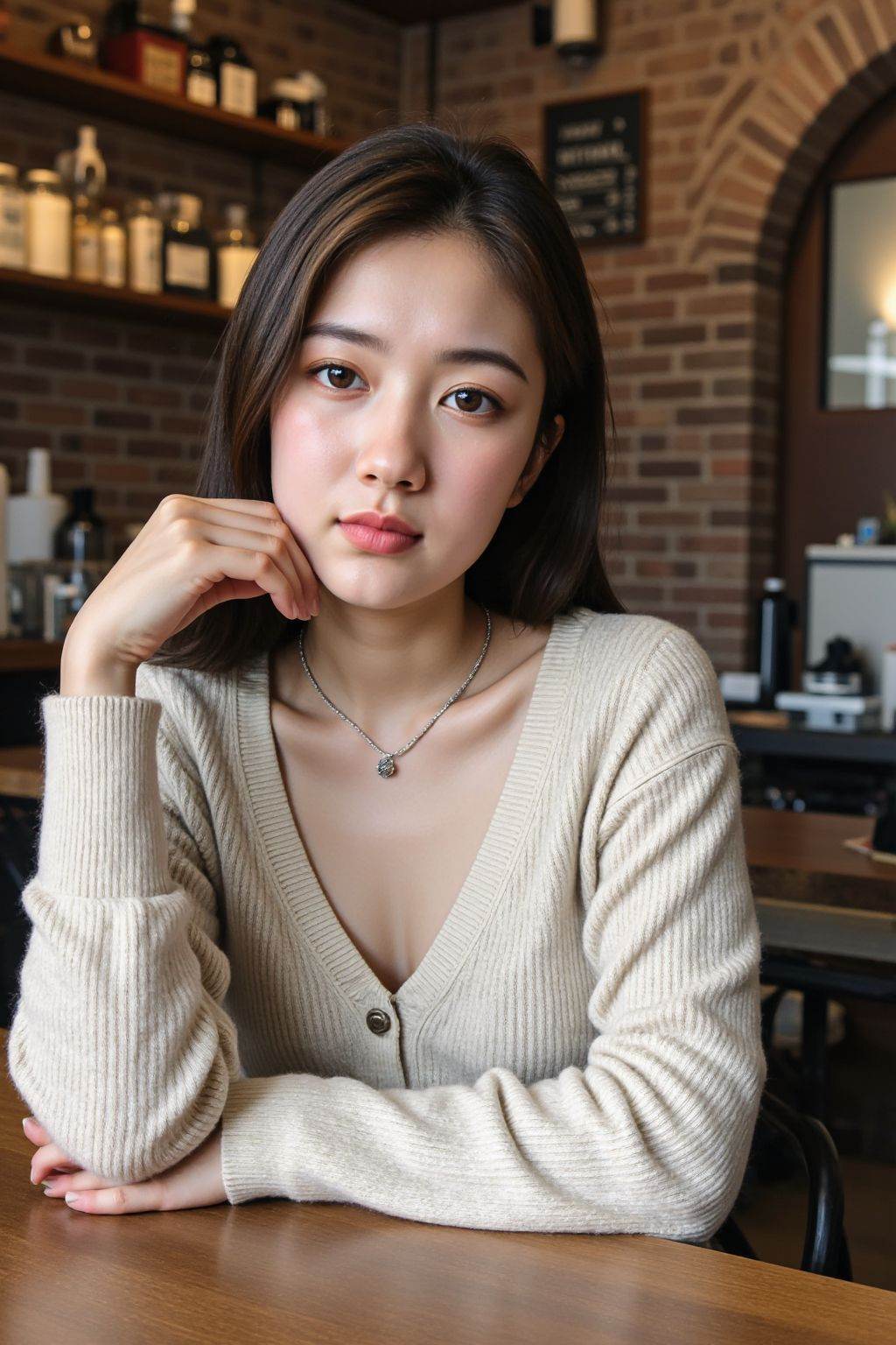 This is a high-resolution photograph of a young woman sitting at a wooden table in a cozy,modern cafe. The woman,who appears to be in her early twenties,has a fair skin tone,straight,long,dark brown hair that cascades past her shoulders,and a slender build. She has a delicate,heart-shaped face with prominent cheekbones and a soft,pink blush on her cheeks. Her lips are naturally pink,and she wears subtle makeup that enhances her features without being overtly dramatic.,She is wearing a light beige,long-sleeved,V-neck sweater that appears to be made of soft,knitted fabric. The sweater has a slightly open weave,revealing the outline of her collarbone and a small part of her chest. Around her neck,she wears a delicate silver necklace with a small pendant. Her right hand is resting on her chin,while her left hand is on the table,with her fingers neatly manicured.,In the background,the cafe has a warm,rustic ambiance with exposed brick walls and wooden furniture. There are shelves filled with various bottles,jars,and coffee-making equipment,and a blackboard menu on the wall. The lighting is soft and natural,likely from large windows or overhead lights.,