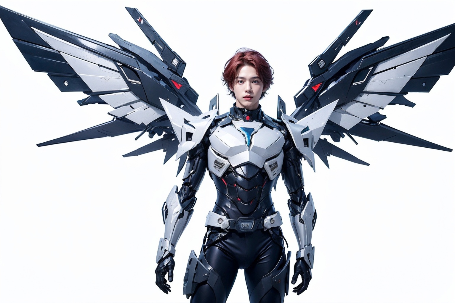 1boy,concept artwork,red hair,(a lonely solo boy:1.4),sky,wing,sitting on the ground,wings with fans,graphics card fan,strong male mecha warrior,mighty and domineering,cool mecha,32k,blue and white color scheme,white armor,<lora:atai_20240121203524-000008:0.7>,white_background,standing,cowboy_shot,