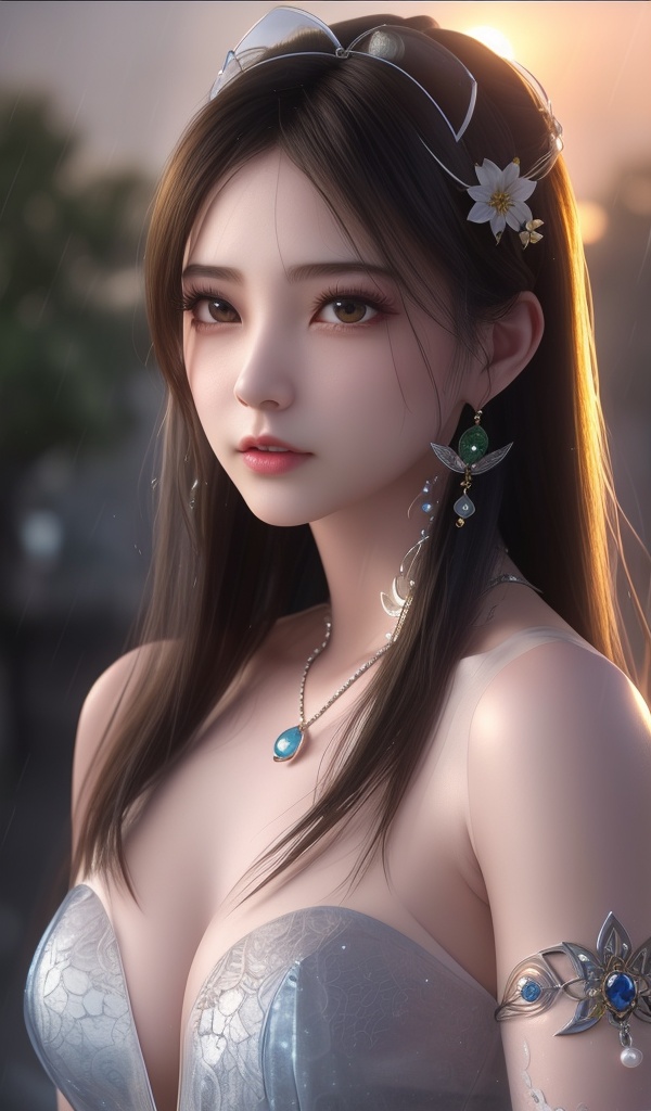 <lora:606-DA-百炼成神-小玉:0.8>(,1girl, ,best quality, ),looking at viewer,  ,,ultra detailed 8k cg, ultra detailed background ,ultra realistic 8k cg,          cinematic lighting, cinematic bloom, (( , )),,  , unreal, science fiction,  luxury, jewelry, diamond, pearl, gem, sapphire, ruby, emerald, intricate detail, delicate pattern, charming, alluring, seductive, erotic, enchanting, hair ornament, necklace, earrings, bracelet, armlet,halo,masterpiece, (( , )),, realistic,science fiction,mole,   ,cherry blossoms,,(((Best quality, masterpiece, ultra high res, (photorealistic:1.4), raw photo, 1girl, ,rain, , sunlight, sunset, qianqiu wanxia,     )))  (cleavage), (),