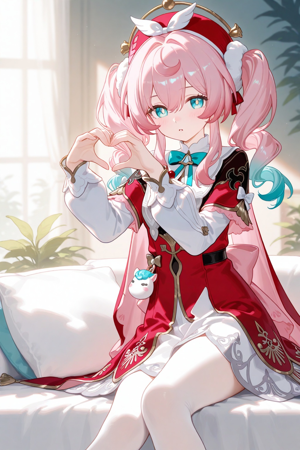 hyacine \(honkai: star rail\),1girl,solo,pink hair,red headwear,looking at viewer,long sleeves,blue eyes,twintails,blush,hat,multicolored hair,dress,parted lips,