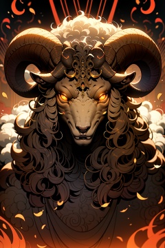 horns,looking at viewer,glowing eyes,glowing,solo,orange eyes,sheep horns,sheep,curly hair,horizontal pupils,yellow eyes,zodiac,Dark,masterpiece,best,<lora:暗黑十二生肖_Zodiac:0.8>,