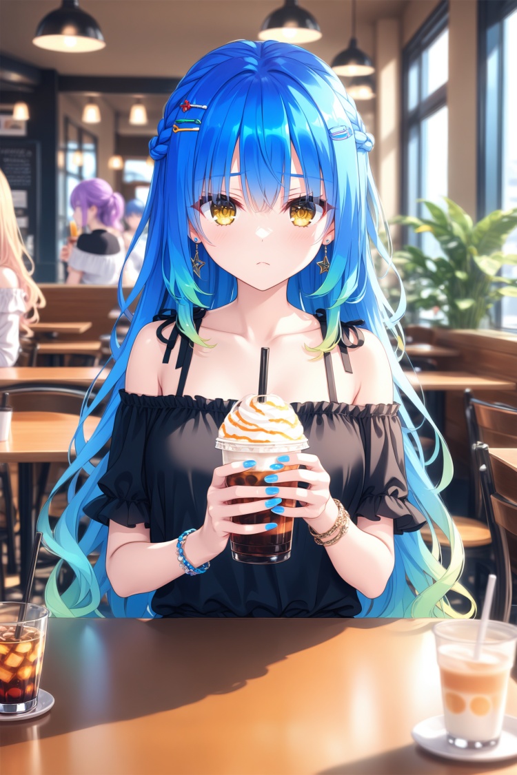 (masterpiece),(best quality),illustration,ultra detailed,hdr,Depth of field,(colorful),hair ornament,cafe,shirt,sitting,long hair,blue nails,drinking straw,closed mouth,yellow eyes,off-shoulder shirt,solo focus,multiple girls,jewelry,holding,indoors,eyelashes,blue hair,collarbone,nail polish,cup,earrings,hairclip,casual,off shoulder,blurry,hair between eyes,straight-on,table,braid,blurry background,looking at viewer,bare shoulders,holding cup,eyes visible through hair,gradient hair,black shirt,frilled shirt,restaurant,frills,multicolored hair,3girls,yellow shirt,fingernails,bracelet,chair,very long hair,drinking glass,frown,1boy,short sleeves,drink,food,sidelocks,wavy hair,plant,