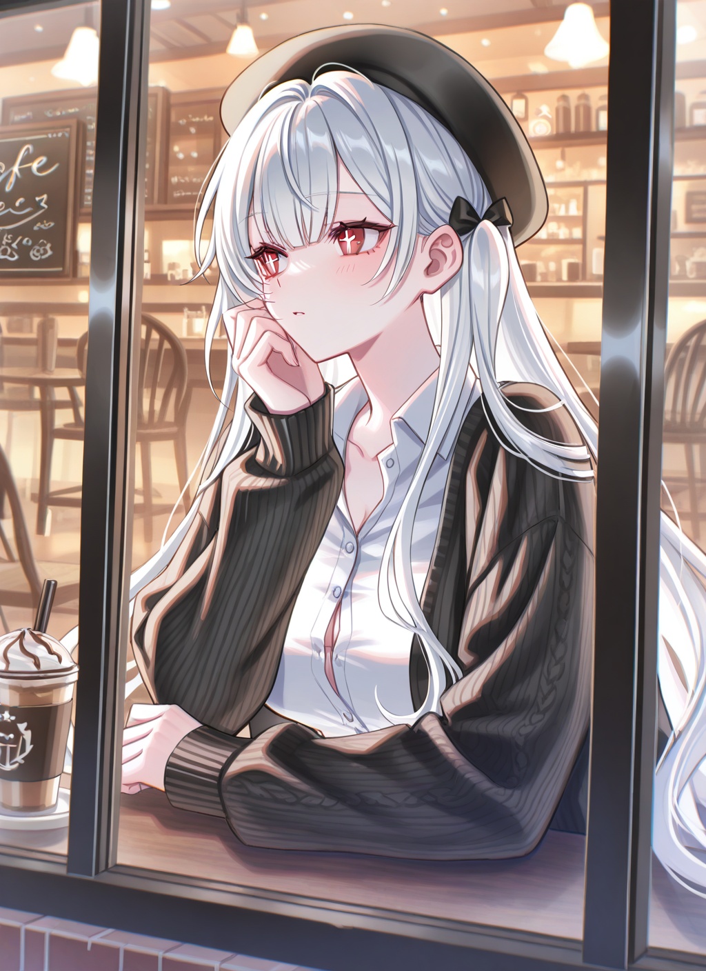 <lora:scylla_IL_v1.0:1>,scylla \(azur lane\),collared shirt,black cardigan,open cardigan,beret,cross-shaped pupils,cafe,looking outside,from outside,suzaku_(zaku6584),sitting,solo,, masterpiece,best quality,